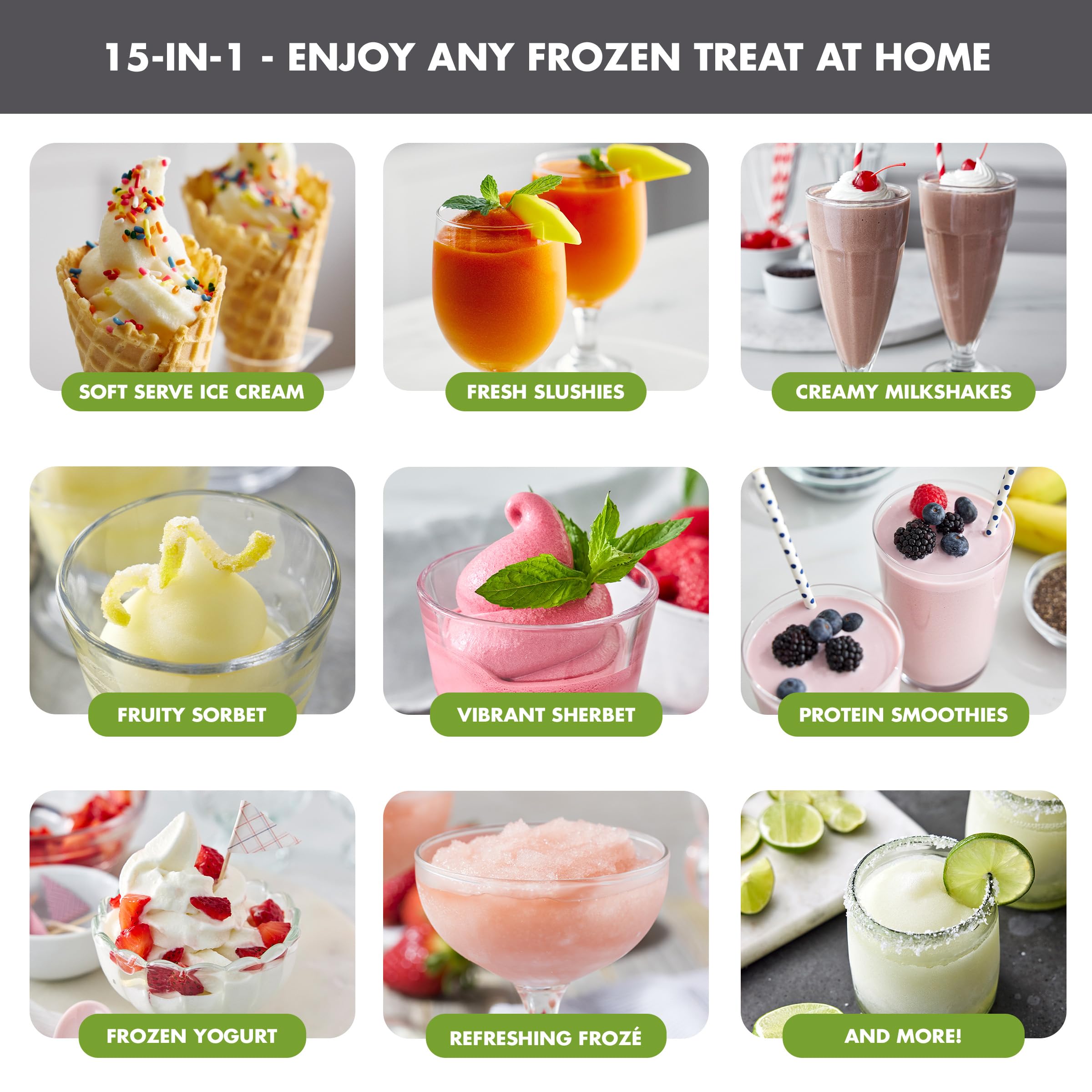 GreenPan Frost Ice Cream Maker & Slushie Machine – Self-Cleaning, 15-in-1, Family Size, Gray