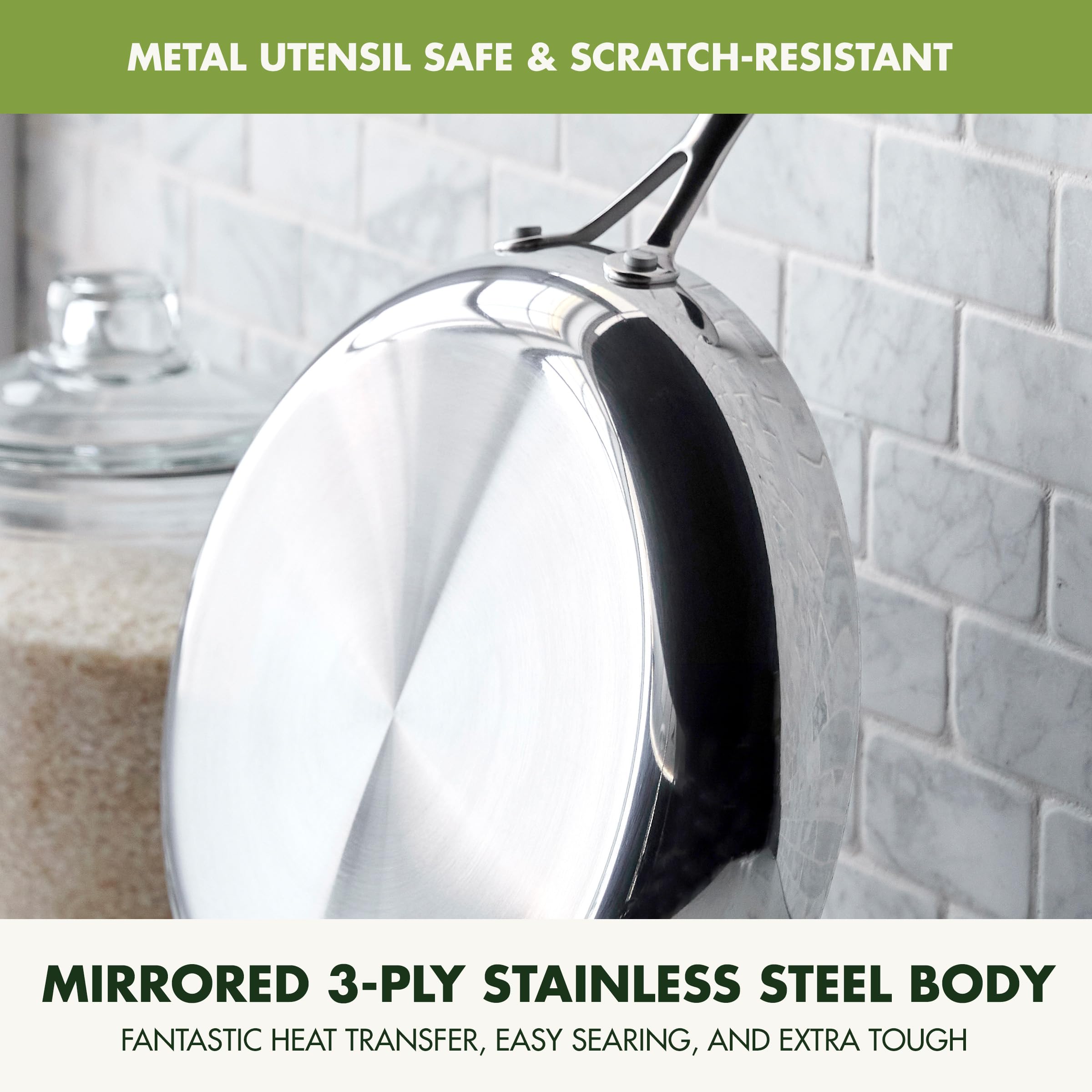 GreenPan Valencia Pro Stainless Steel 12” Frying Pan Skillet with Mirrored Tri-Ply and Infinite8 Ceramic Nonstick