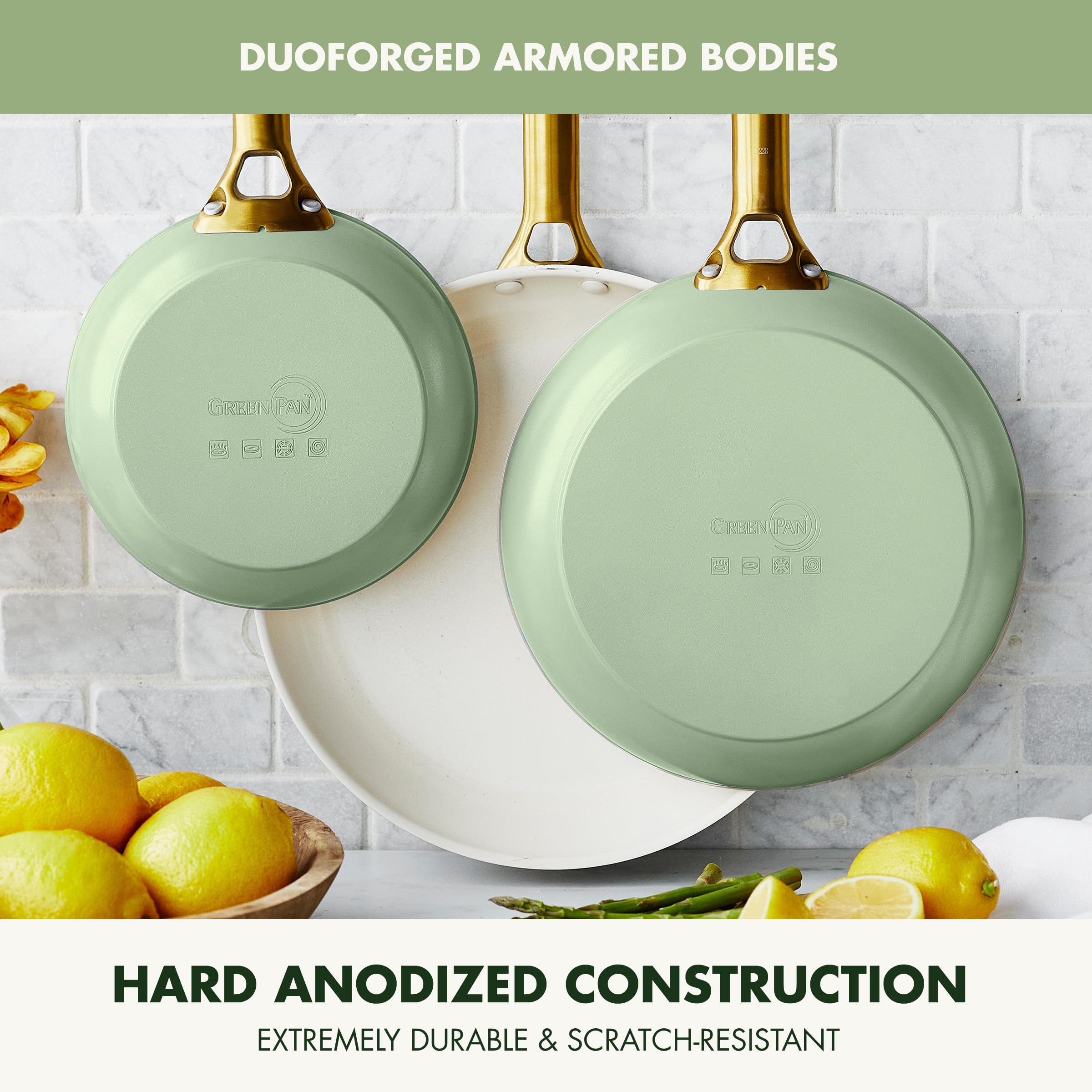 GreenPan Hard Anodized Ceramic Nonstick 3-Piece Frying Pan Set – Gold Handle