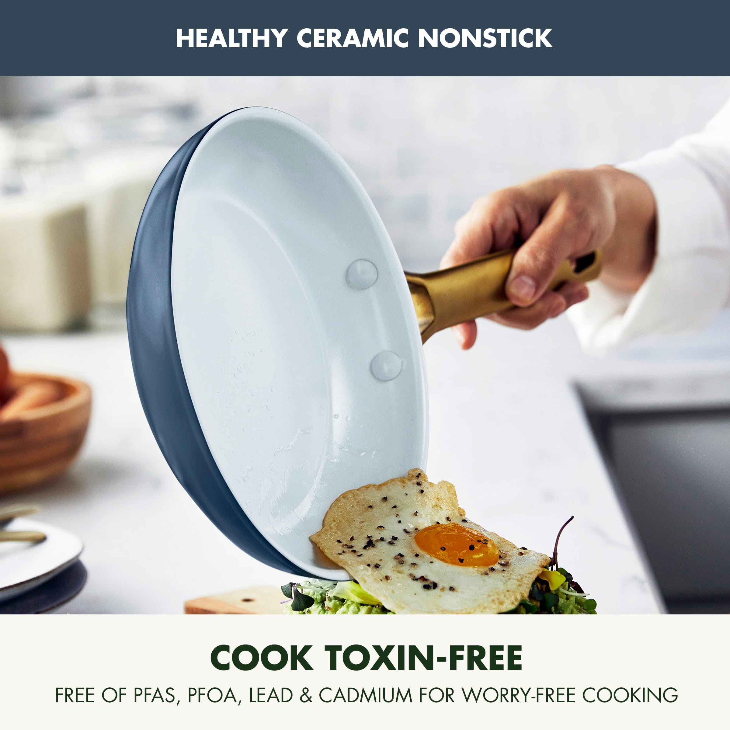 GreenPan 3-Piece Ceramic Nonstick Frying Pan Set — 8" Navy / 10" Cream / 12" Taupe