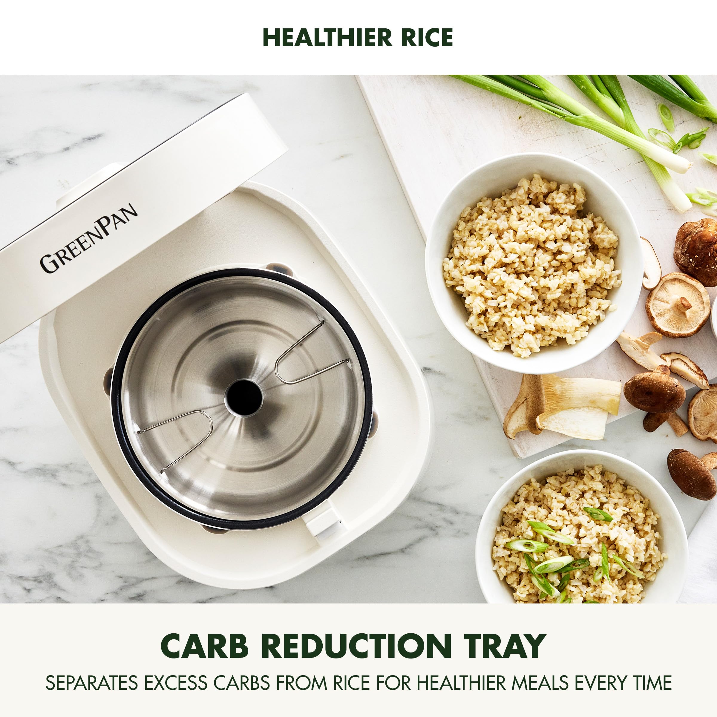 GreenPan Rice Cooker, 8 Cups Cooked (4 Uncooked) with Low-Carb & Soup Mode, Cream