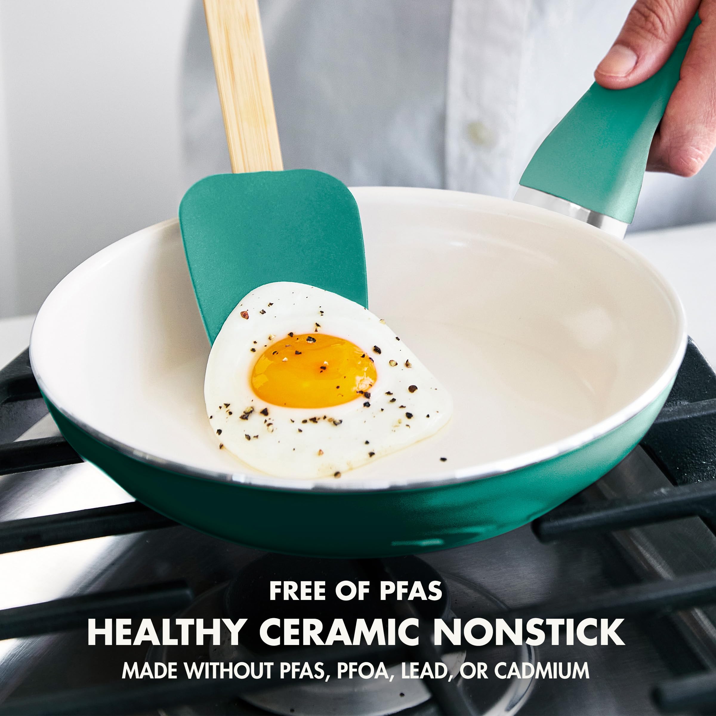 GreenPan Rio Ceramic Nonstick 8" Frying Pan & Silicone Spatula Set – PFAS-Free, Soft Grip Handle, Turquoise