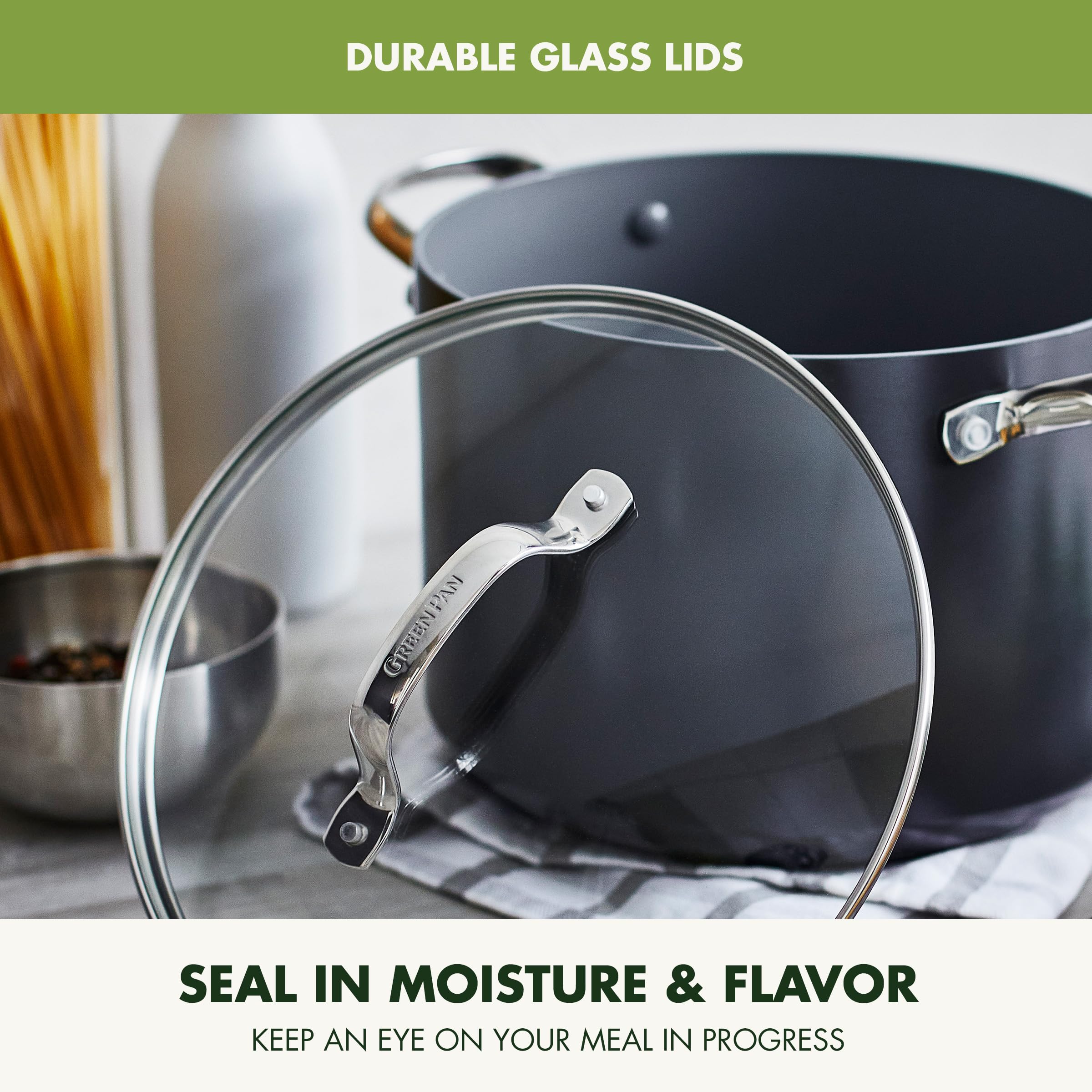 GreenPan Valencia Pro 8QT Stock Pot with Lid – Hard Anodized, Ceramic Nonstick, Induction Ready, Gray