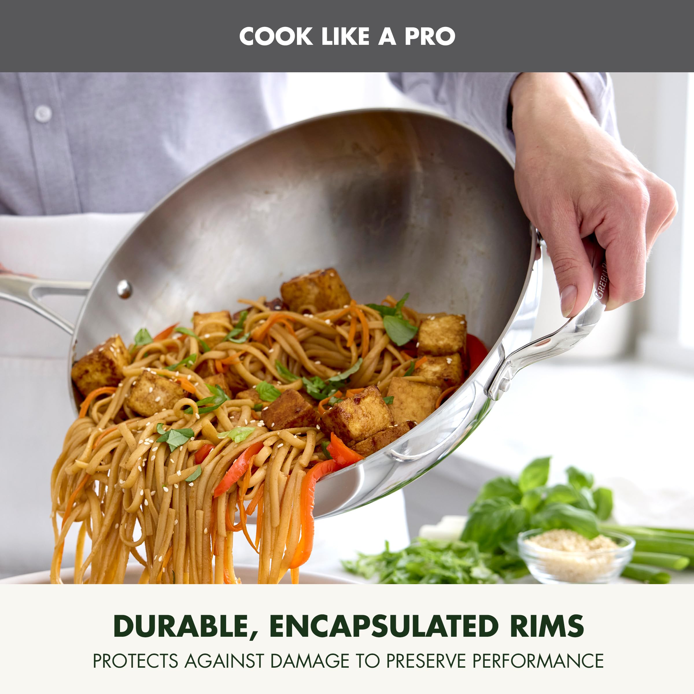 GreenPan Valencia Pro Tri-Ply Stainless Steel 12" Wok with Lid – Induction Ready, Mirror Finish, Oven Safe to 600°F