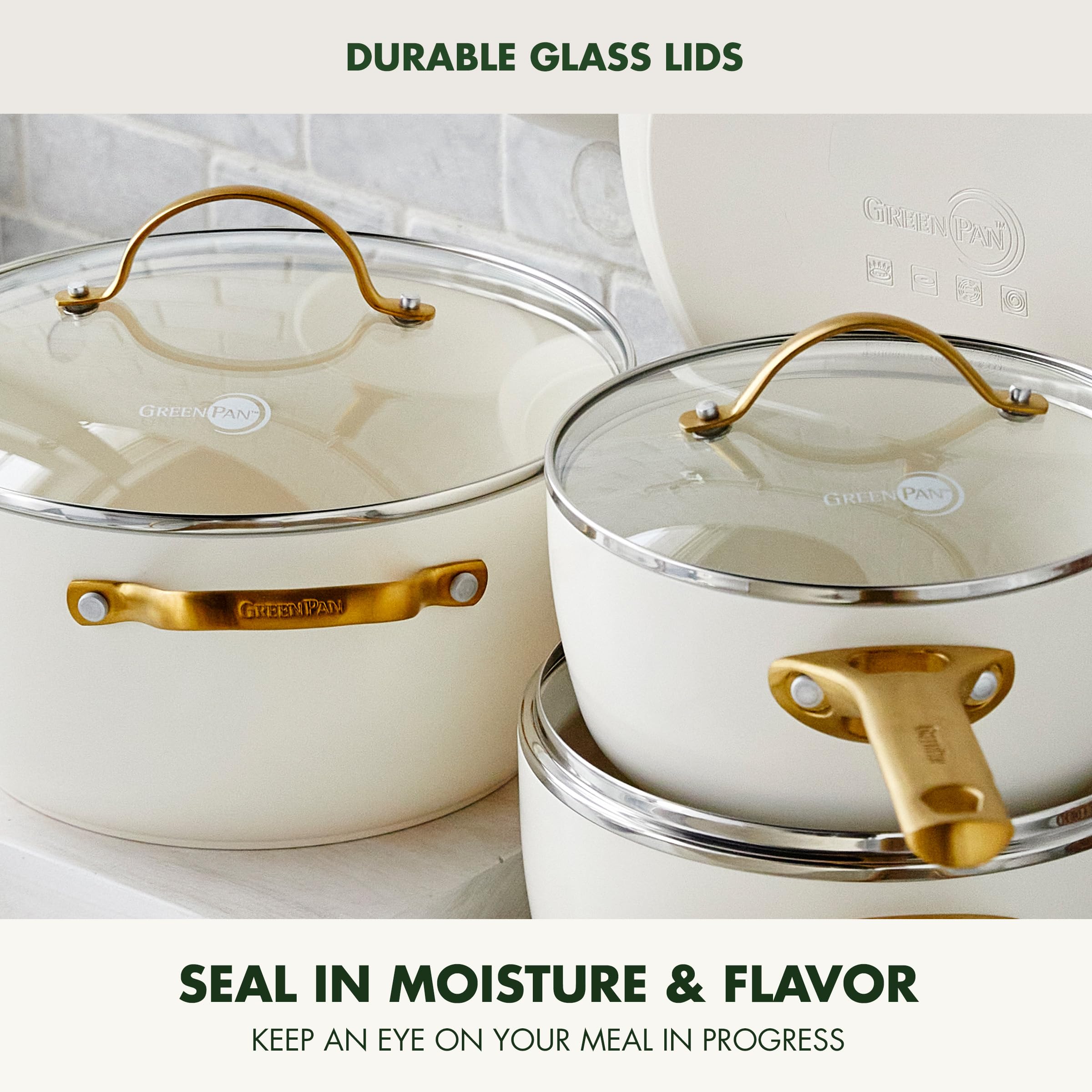 GreenPan Reserve Duoforged Hard Anodized 10-Piece Ceramic Nonstick Cookware Set with Gold-Tone Handles, Cream White