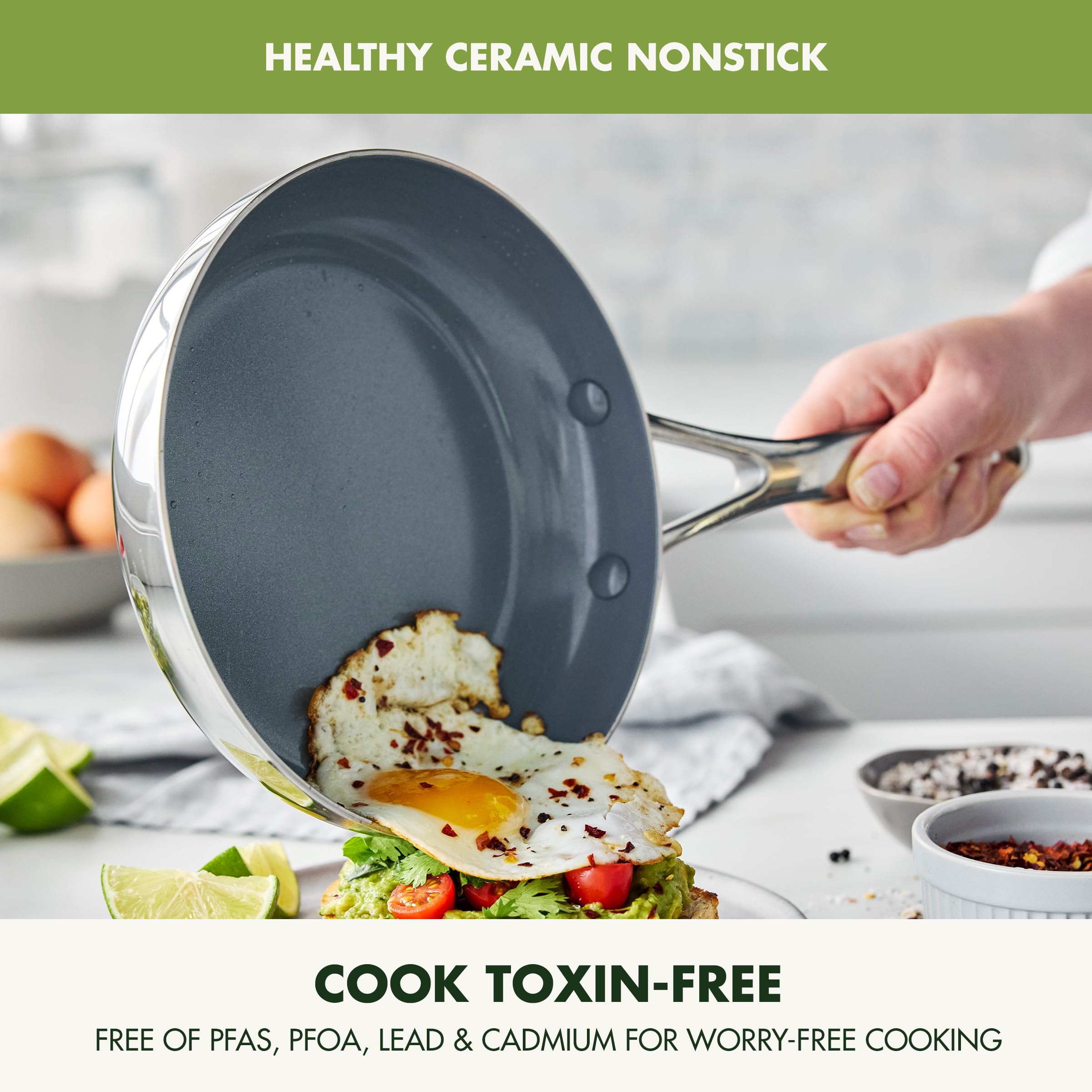 GreenPan Valencia Pro Tri-Ply Stainless Steel 10-Piece Cookware Set – PFAS-Free Ceramic Nonstick, Induction Ready, Oven Safe to 600°F