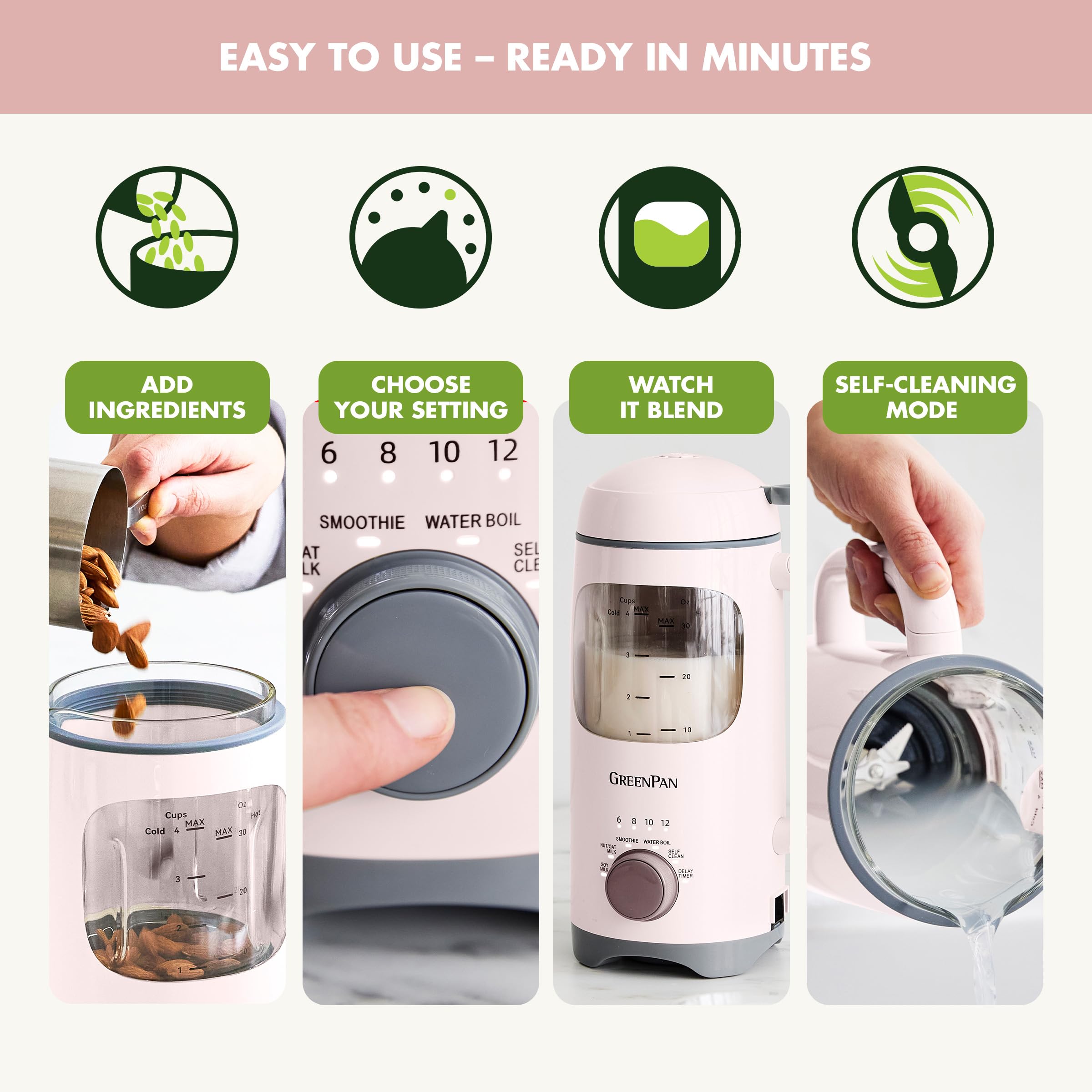 GreenPan Better Blend Milk Maker – 30oz Nut Milk Machine, 15-in-1, BPA-Free Glass, Self-Clean, Delay Timer, Pink