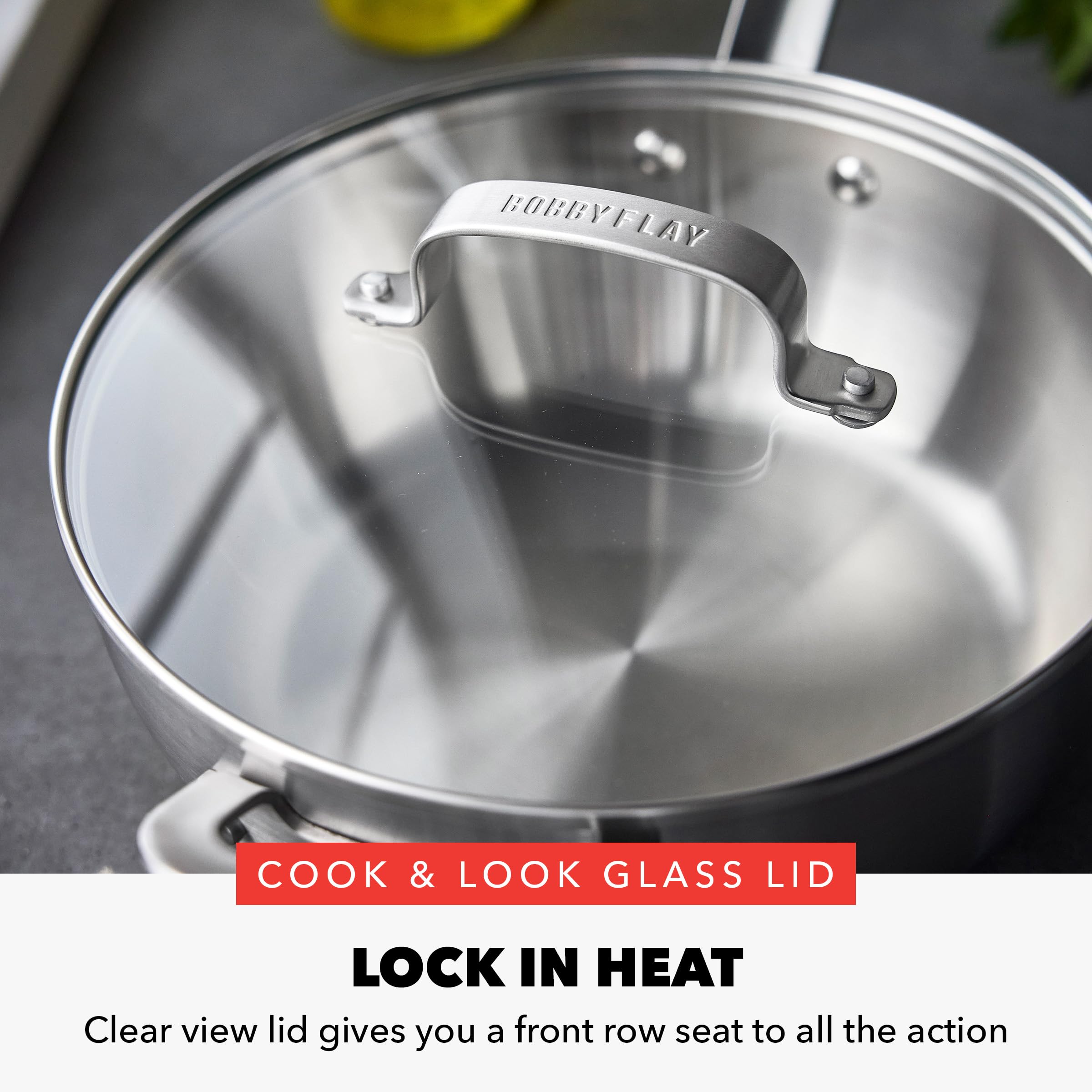 GreenPan x Bobby Flay Stainless Steel 3.75QT Saucepan with Glass Lid — Professional Tri-Ply Chef's Pan, Induction Ready, Oven Safe, Stay-Cool Handle