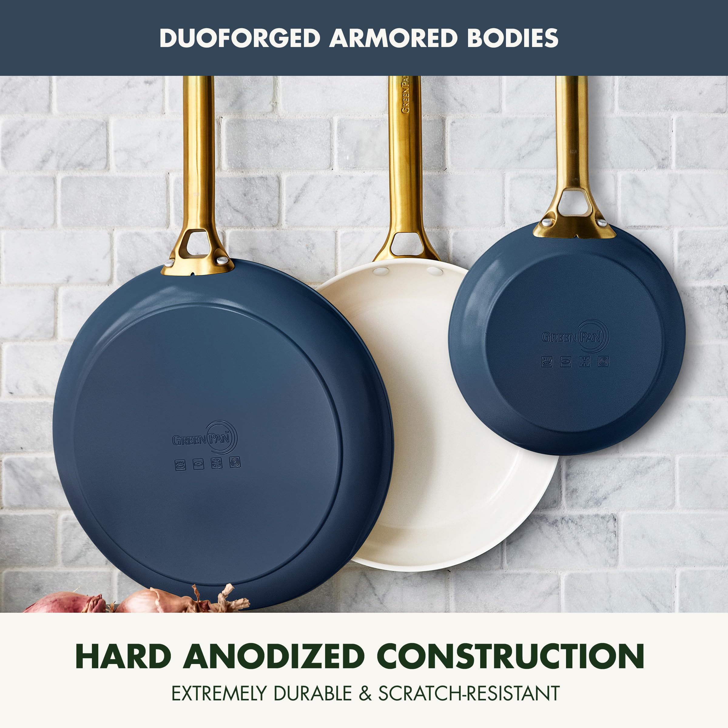 GreenPan Reserve 3-Piece Frying Pan Set — 8", 10", 12" Ceramic Nonstick, Hard Anodized, Gold Handles, PFAS-Free, Twilight Blue