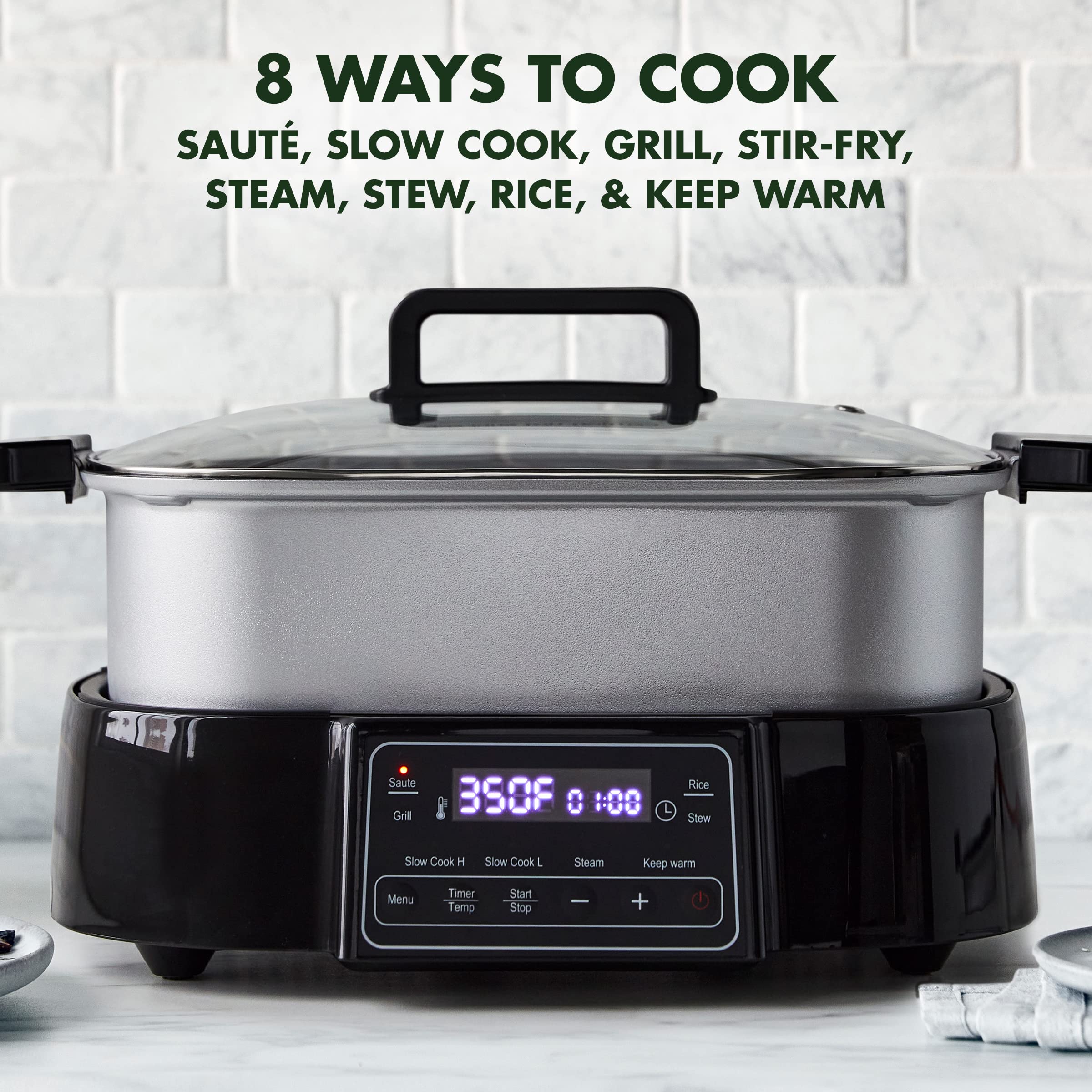 GreenPan Stainless Steel 8-in-1 Electric Skillet Grill & Slow Cooker – Ceramic Nonstick, 6.5QT