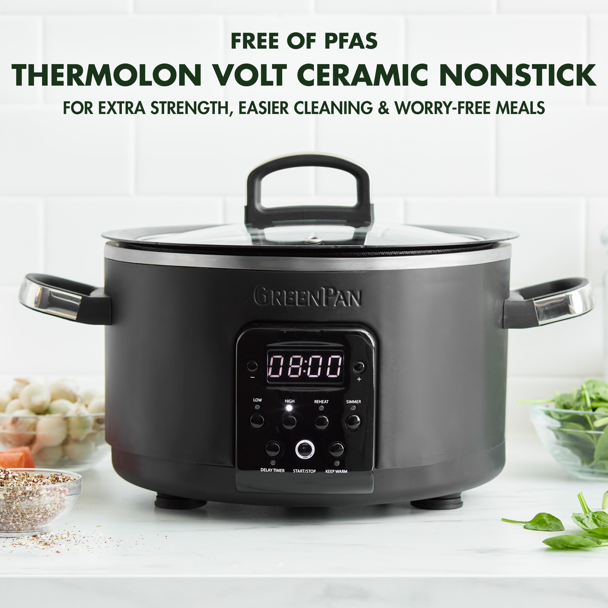 GreenPan Bistro Noir 6-in-1 4QT Electric Slow Cooker with Glass Lid – Black