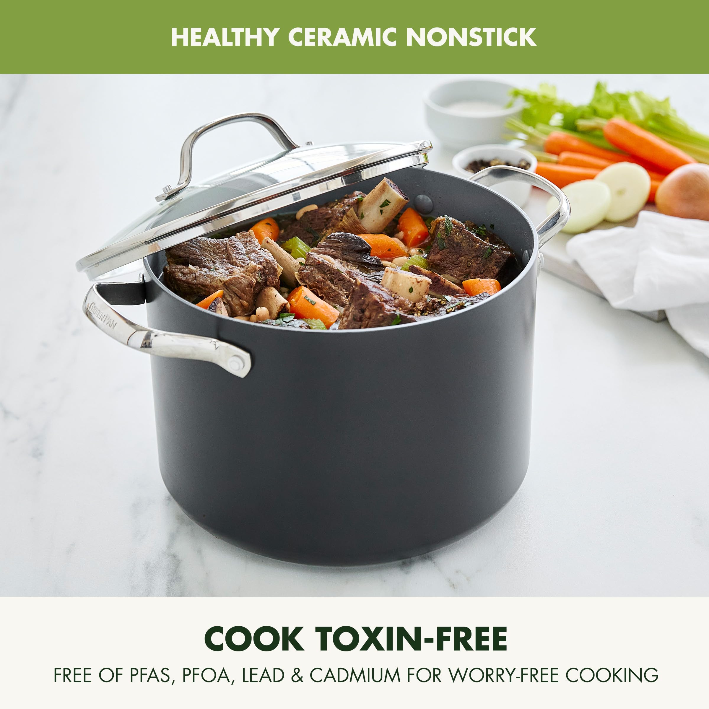 GreenPan Valencia Pro 8QT Stock Pot with Lid – Hard Anodized, Ceramic Nonstick, Induction Ready, Gray