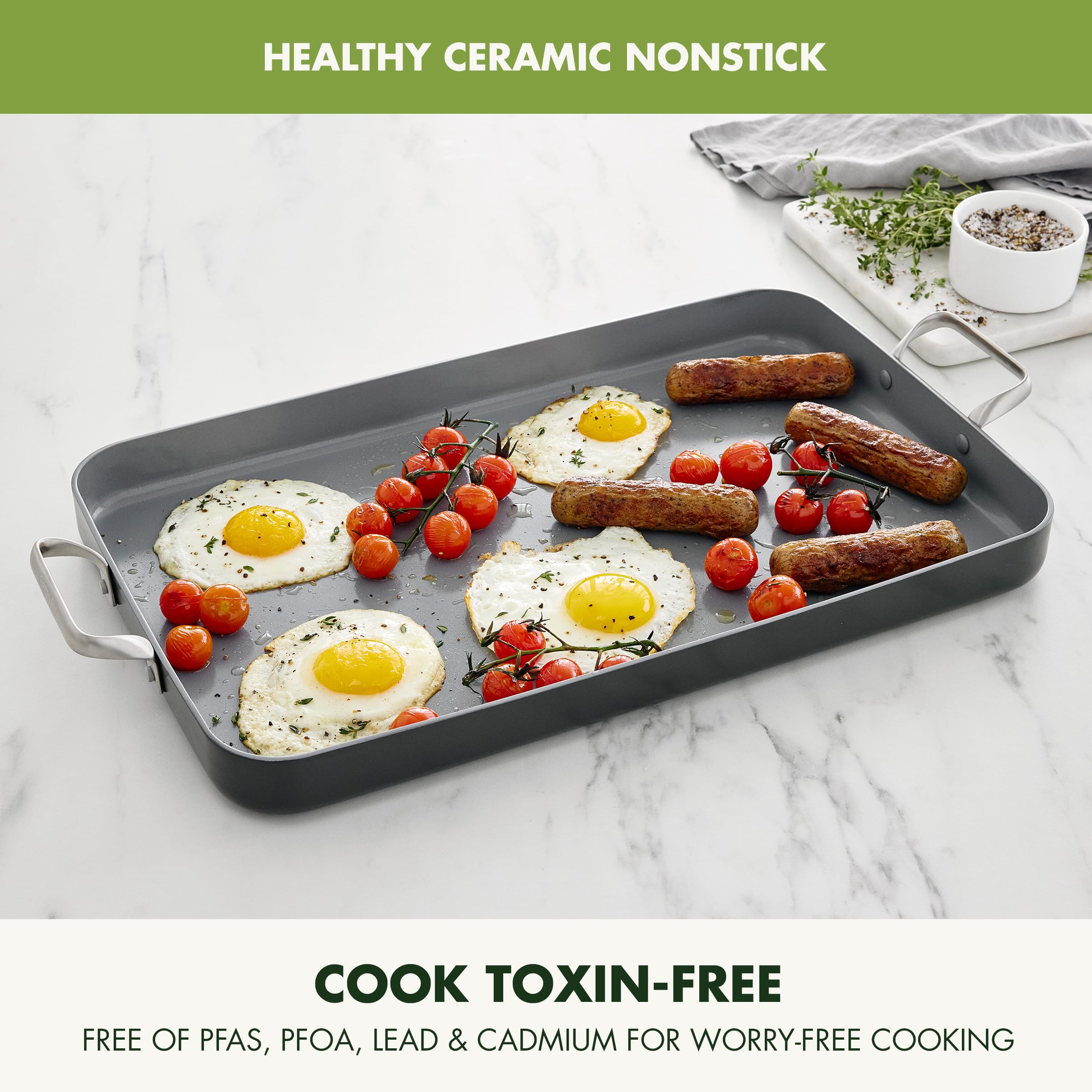 GreenPan Valencia Pro Ceramic Nonstick 18" x 11" Double Burner Griddle Pan — Hard Anodized, PFAS-Free, Induction Ready, Oven Safe to 600°F, Gray