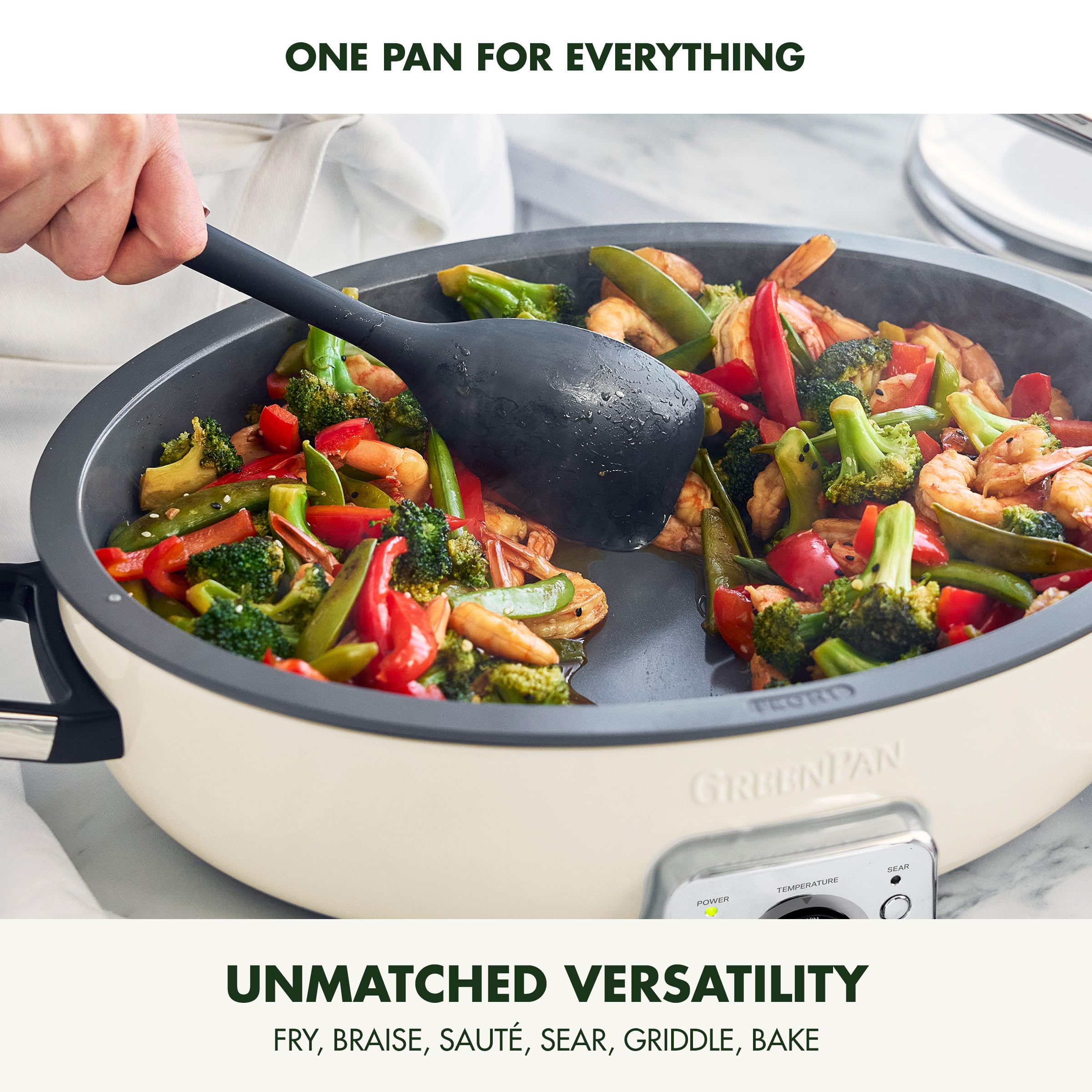 GreenPan Elite 5.5QT Electric Oval Skillet – PFAS-Free Ceramic Nonstick, 1800W Multi-Cooker in Cream White