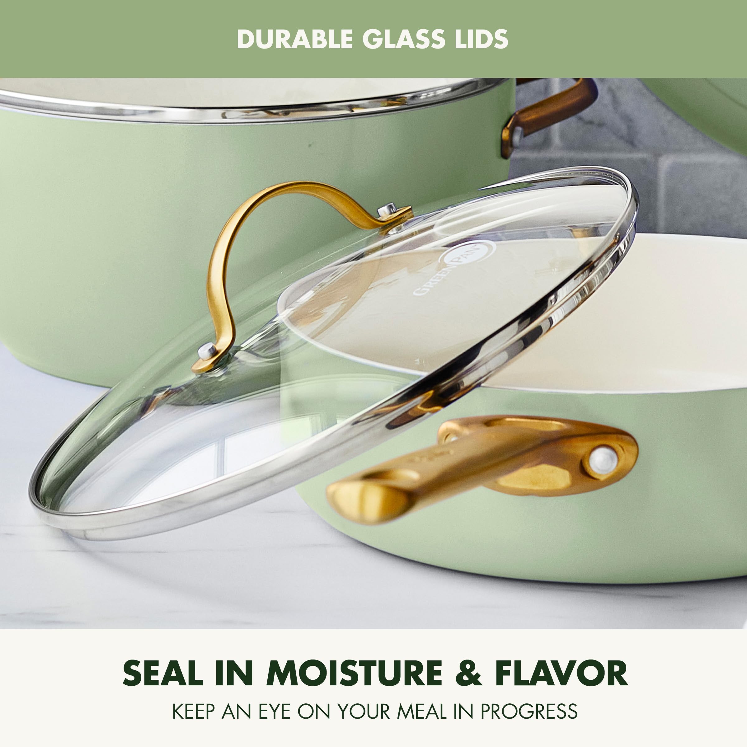 GreenPan Reserve Duoforged Hard Anodized 10-Piece Ceramic Nonstick Cookware Set with Gold-Tone Handles, Sage Green