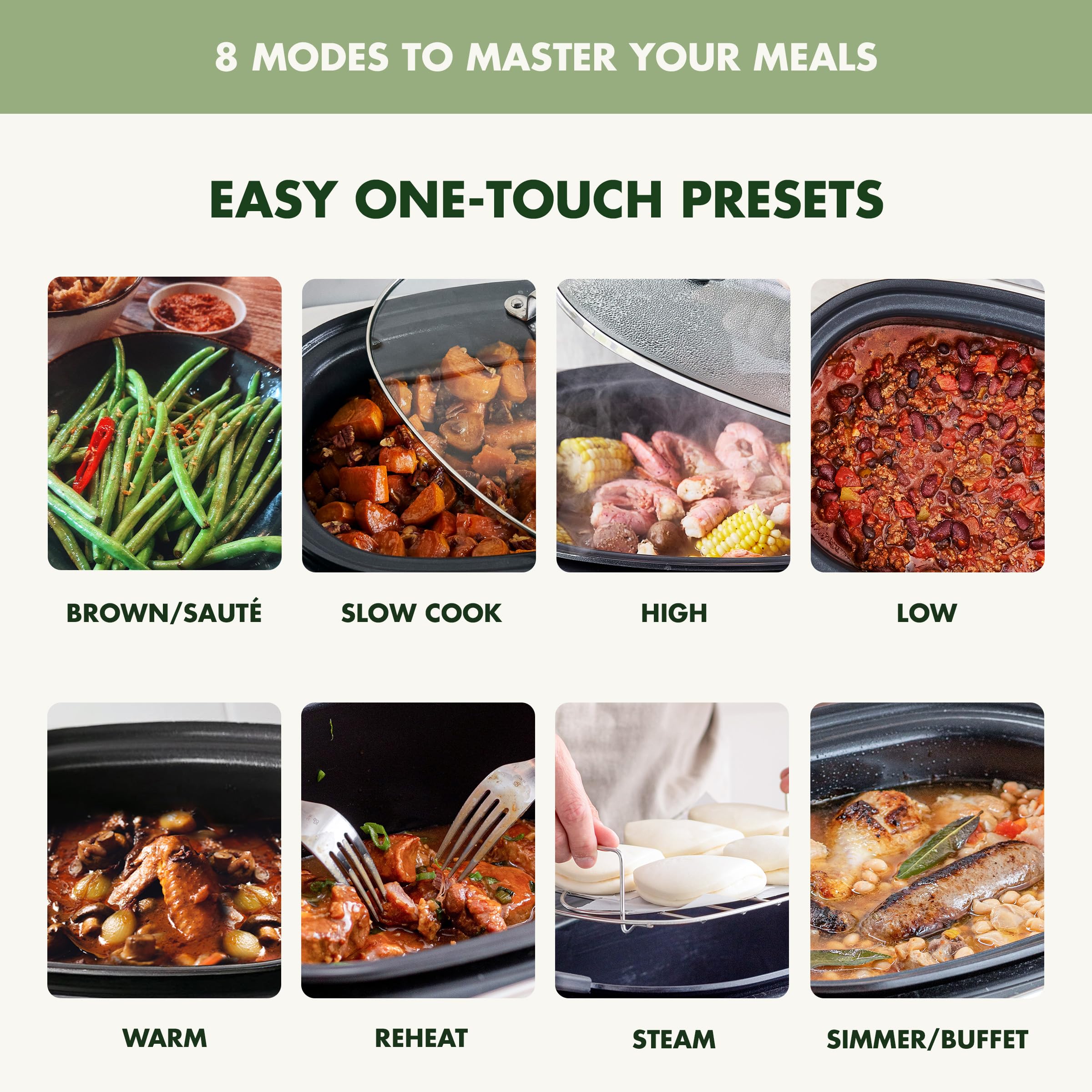 GreenPan Elite 8-in-1 Programmable 6QT Electric Slow Cooker with Ceramic Nonstick Crock, Sage Green