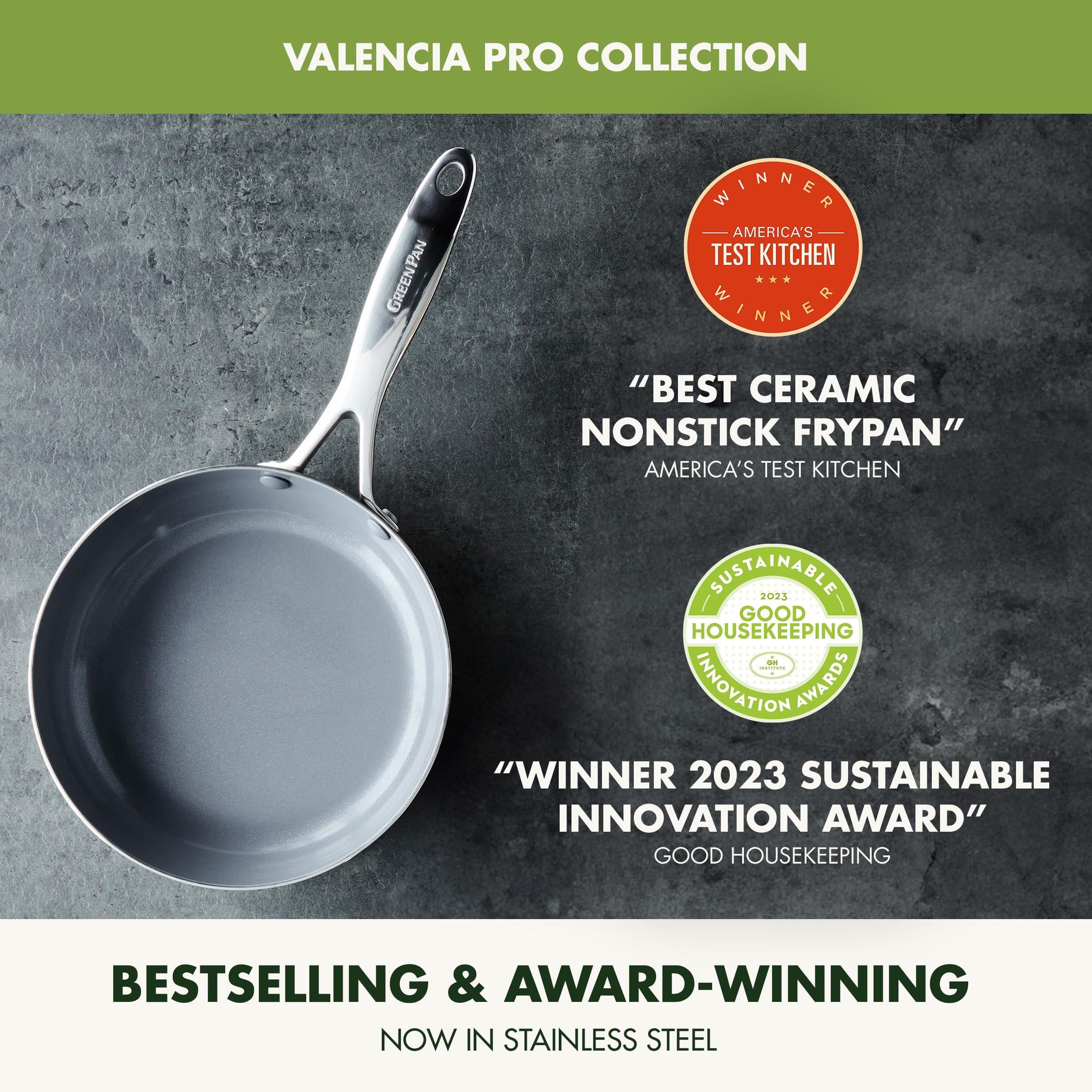 GreenPan Valencia Pro Tri-Ply Stainless Steel 10-Piece Cookware Set – PFAS-Free Ceramic Nonstick, Induction Ready, Oven Safe to 600°F