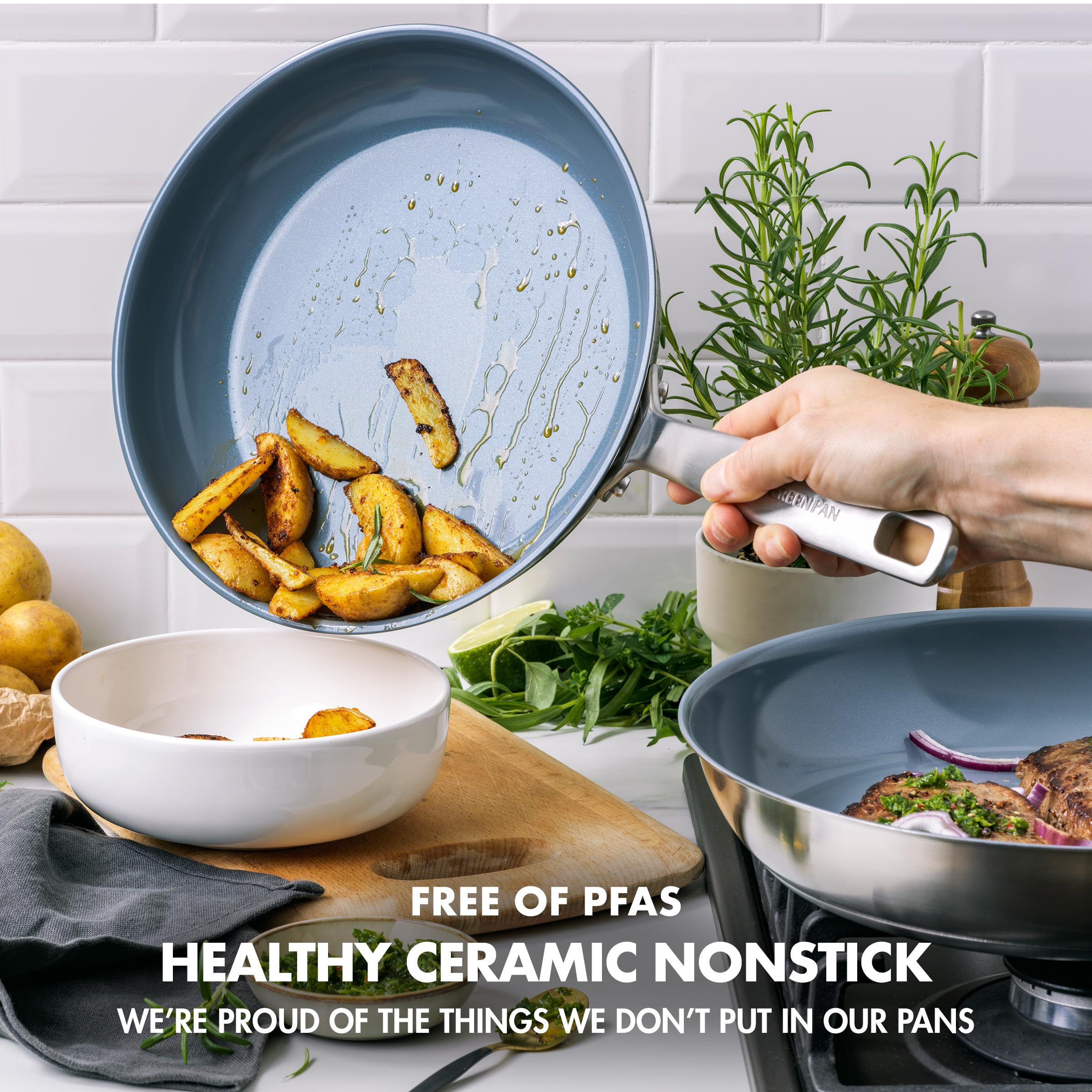 GreenPan Treviso 9.5" and 11" Frying Pan Skillet Set, PFAS-Free Stainless Steel Ceramic Nonstick, Induction Ready, Oven Safe to 600°F