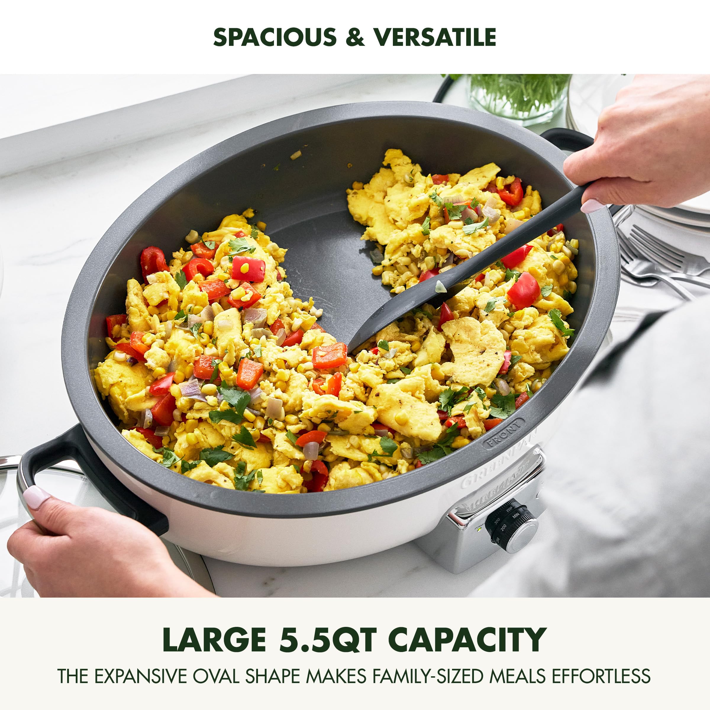 GreenPan Elite 5.5QT Electric Oval Skillet – PFAS-Free Ceramic Nonstick, 1800W Multi-Cooker in Cream White
