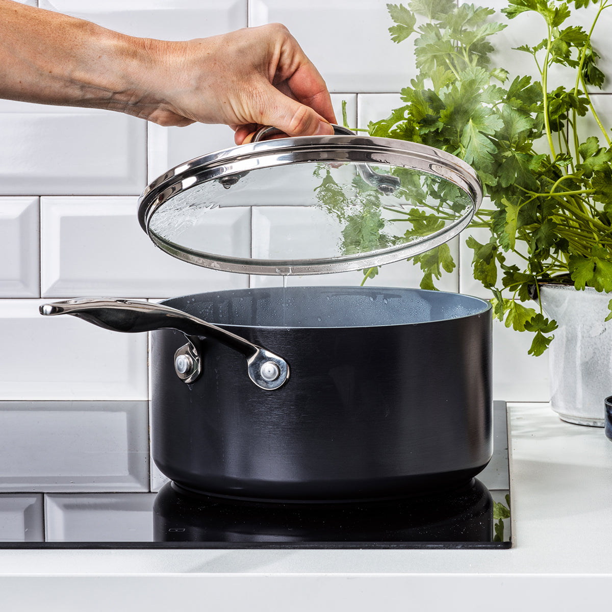 GreenPan Valencia Pro Ceramic Nonstick 1.5-Quart and 3-Quart Saucepan Set with Lids | Gray