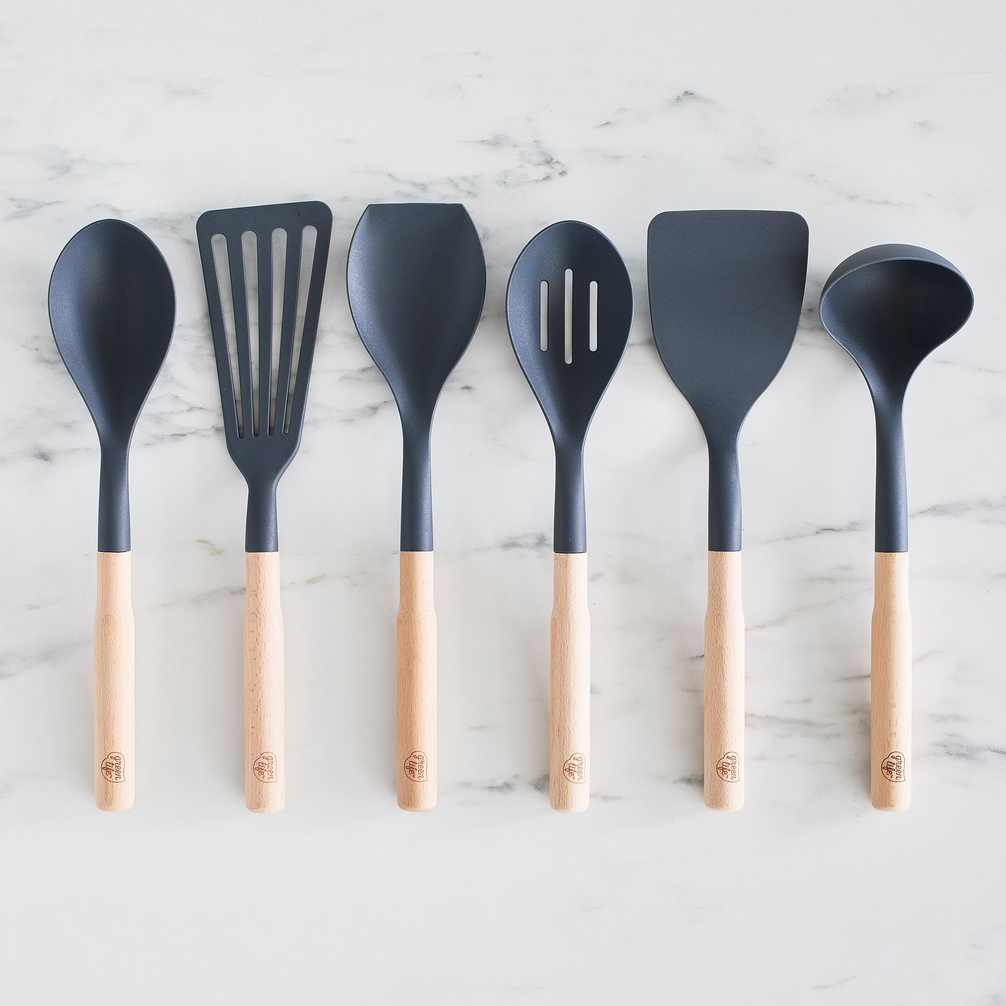 GreenLife 7-Piece Nylon & Wood Utensil Set with Ceramic Crock – Charcoal Gray