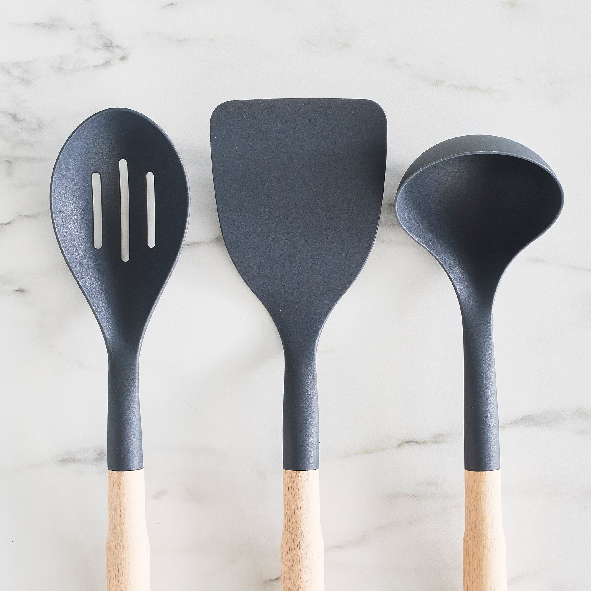 GreenLife 7-Piece Nylon & Wood Utensil Set with Ceramic Crock – Charcoal Gray