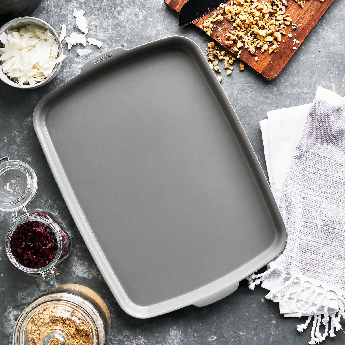 GreenPan Premiere Ovenware Ceramic Nonstick 18" x 13" Half Sheet Pan Set – Gray