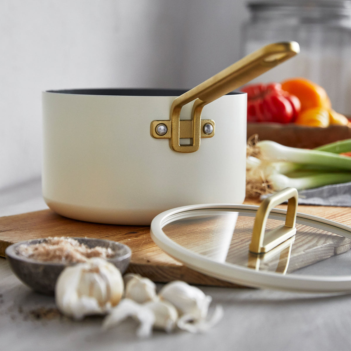 Stanley Tucci Ceramic Nonstick 4-Quart Saucepan with Lid, Carrara White