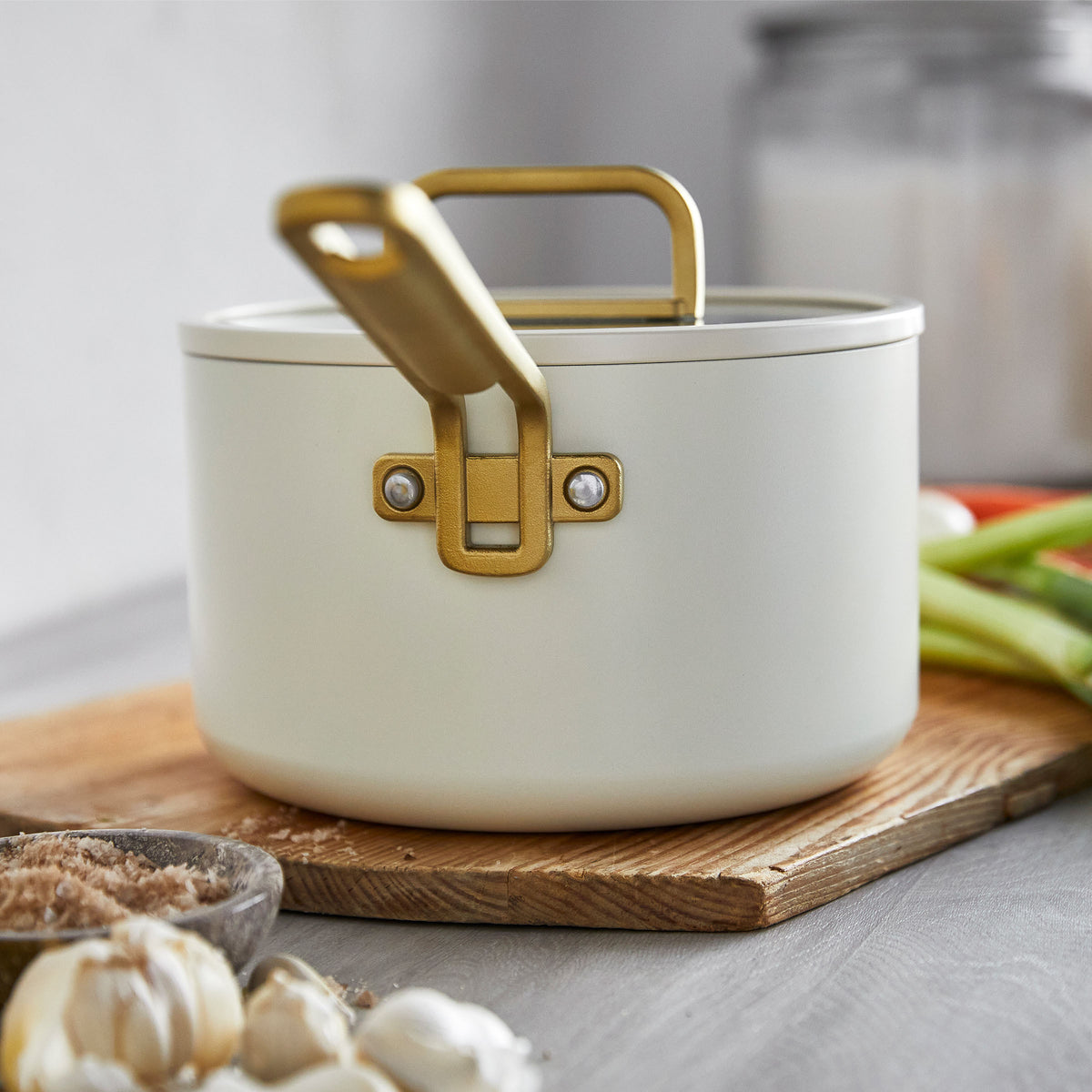Stanley Tucci Ceramic Nonstick 4-Quart Saucepan with Lid, Carrara White