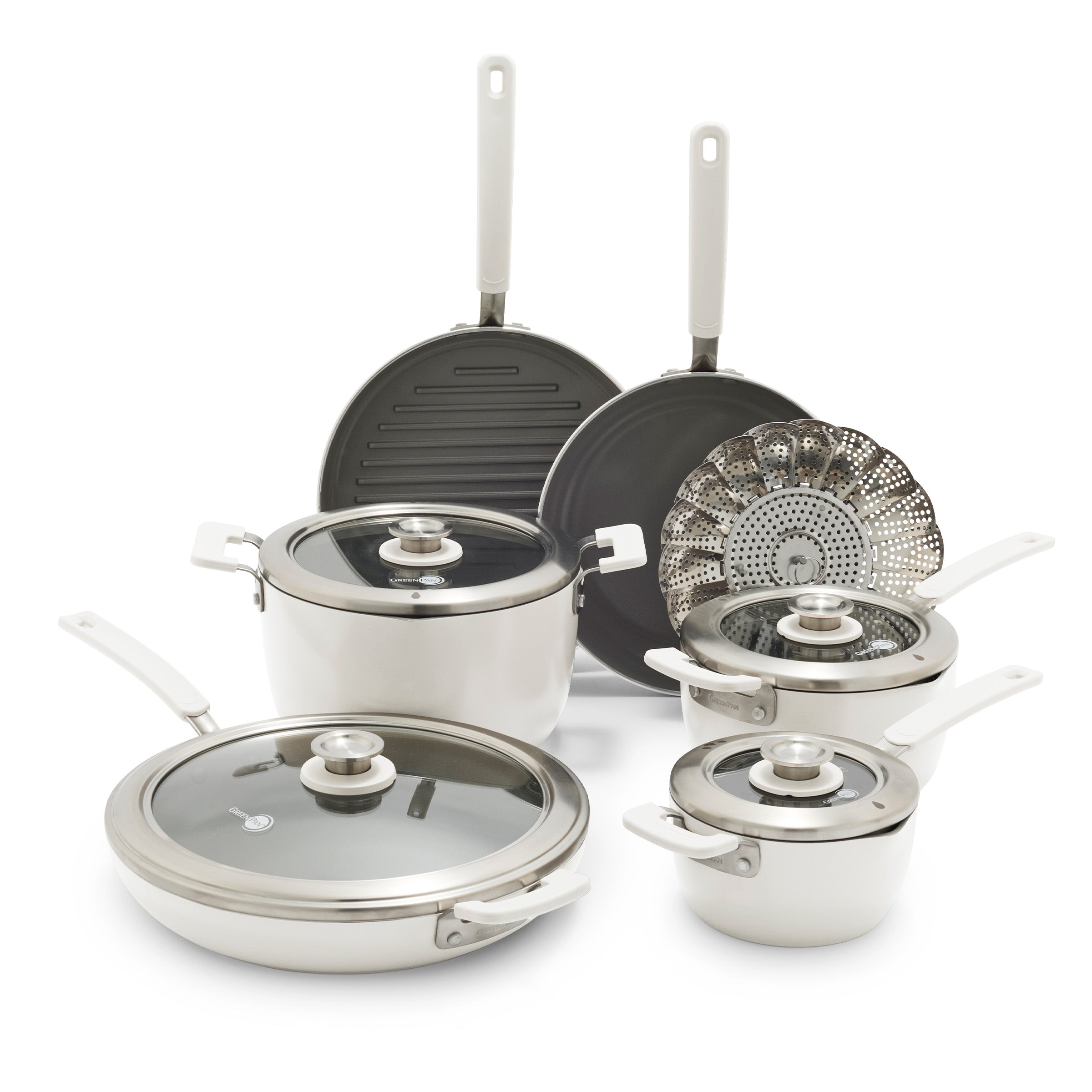 GreenPan Space Saving Stack Ceramic Nonstick 11-Piece Cookware Set — Cream