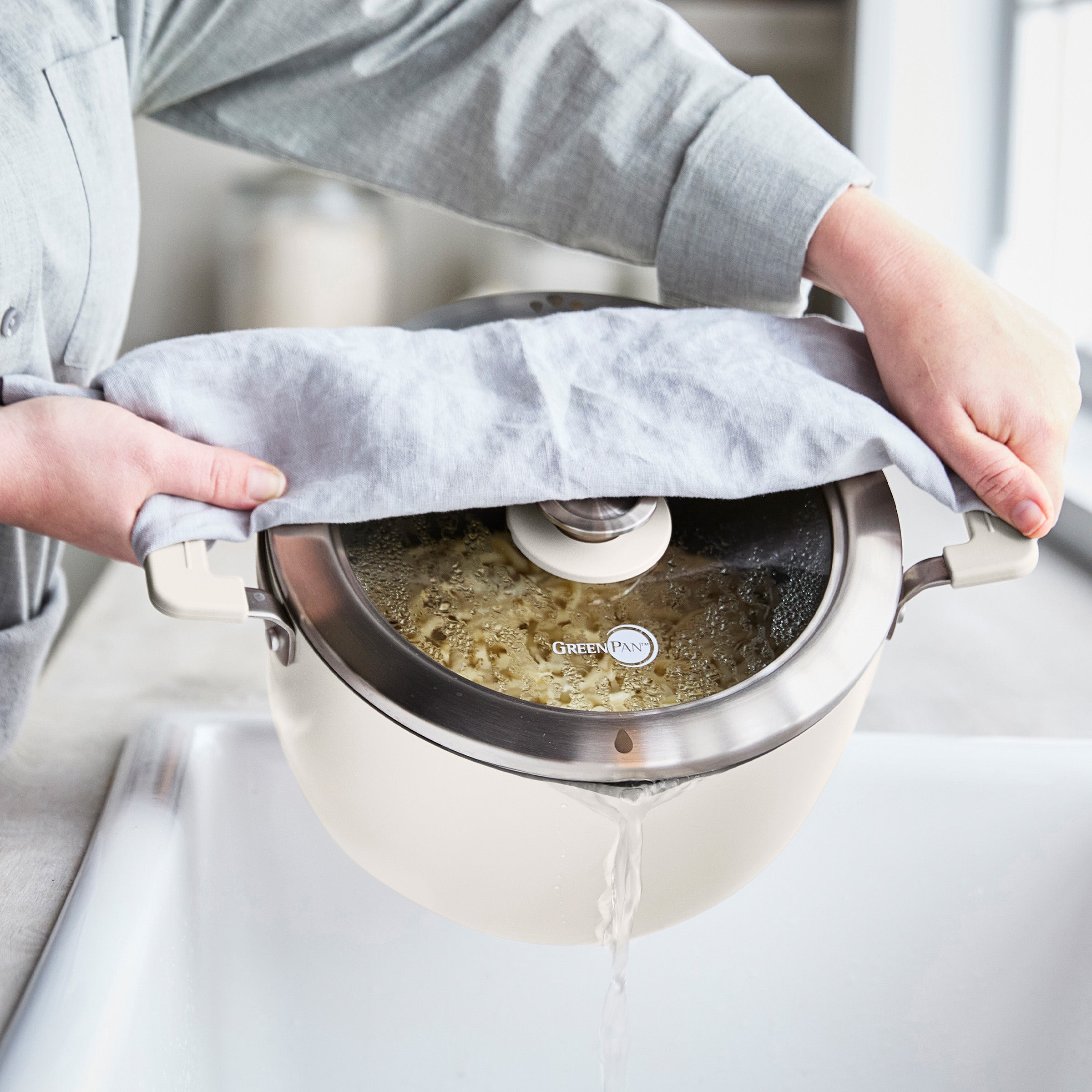 GreenPan Space Saving Stack Ceramic Nonstick 11-Piece Cookware Set — Cream