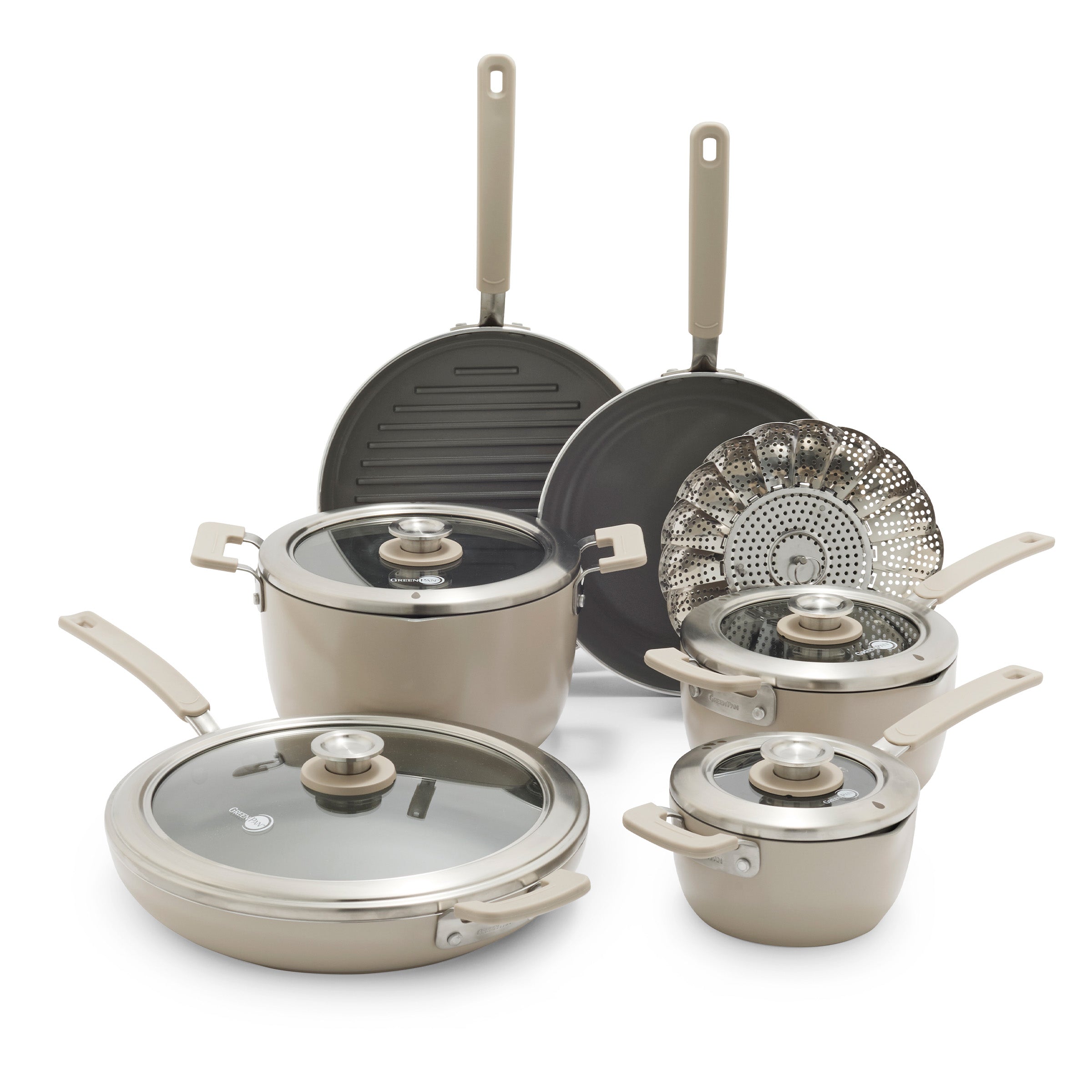 GreenPan Space Saving Stack Ceramic Nonstick 11-Piece Cookware Set | Taupe