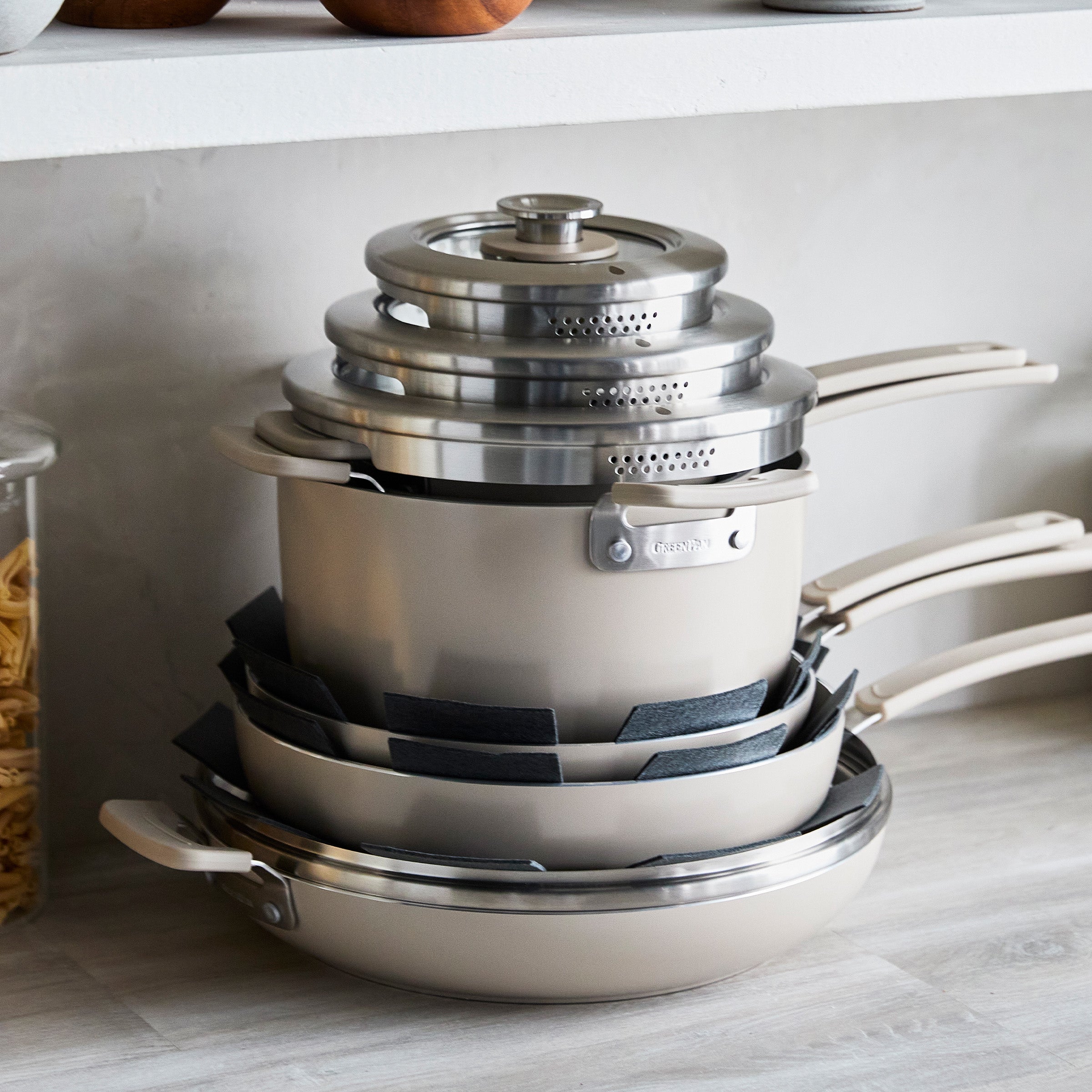 GreenPan Space Saving Stack Ceramic Nonstick 11-Piece Cookware Set | Taupe
