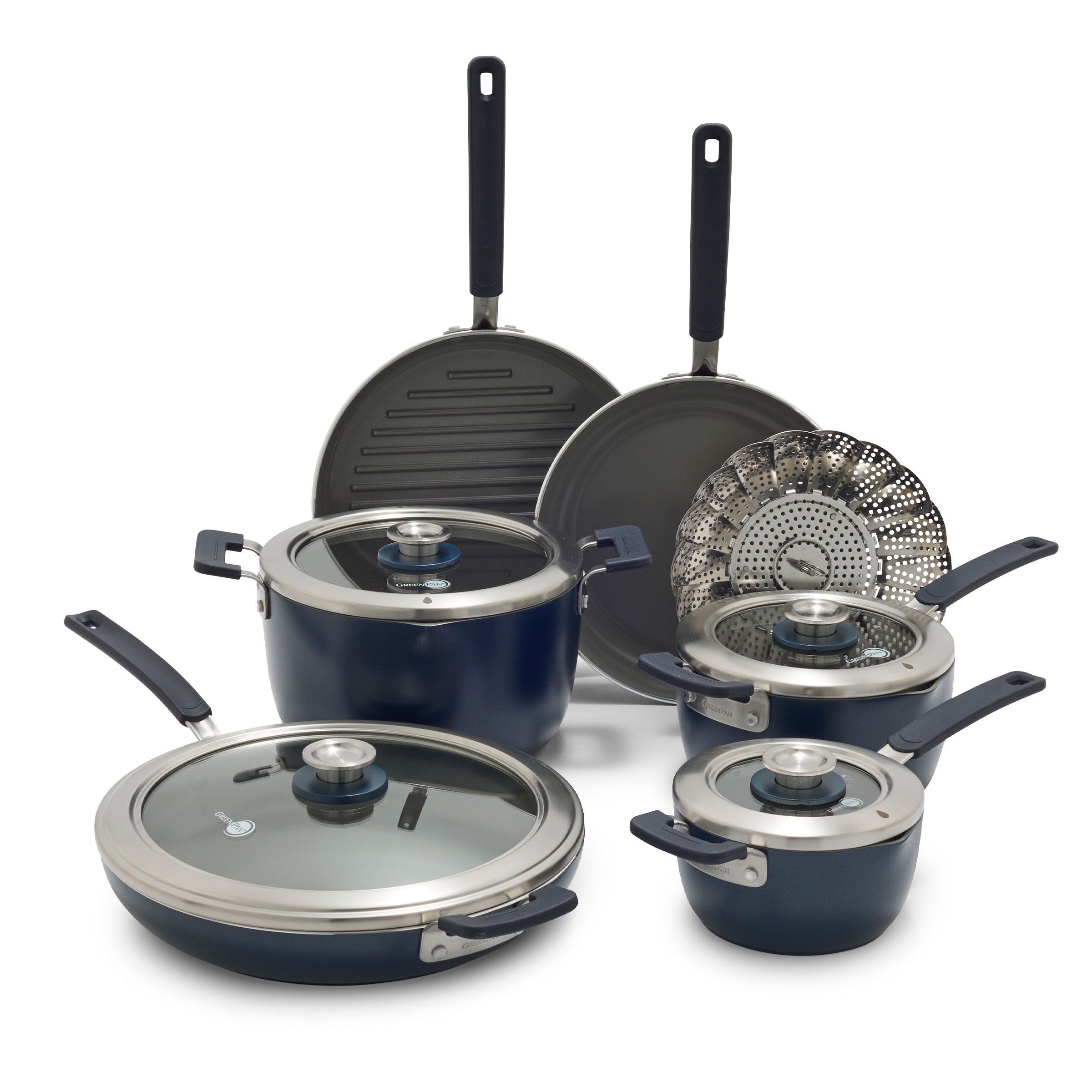 Space Saving Stack Ceramic Nonstick 11-Piece Cookware Set – Oxford Blue
