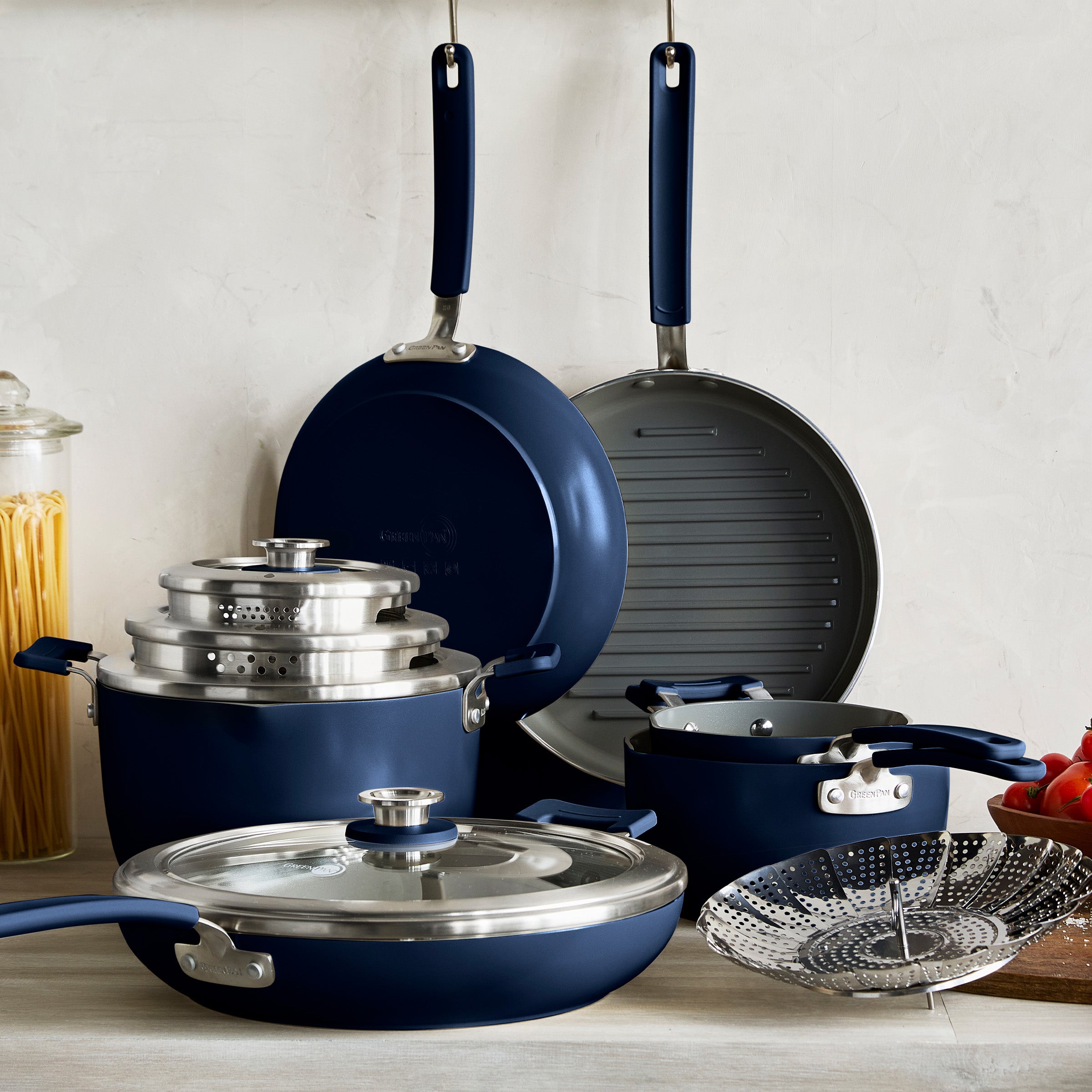 Space Saving Stack Ceramic Nonstick 11-Piece Cookware Set – Oxford Blue
