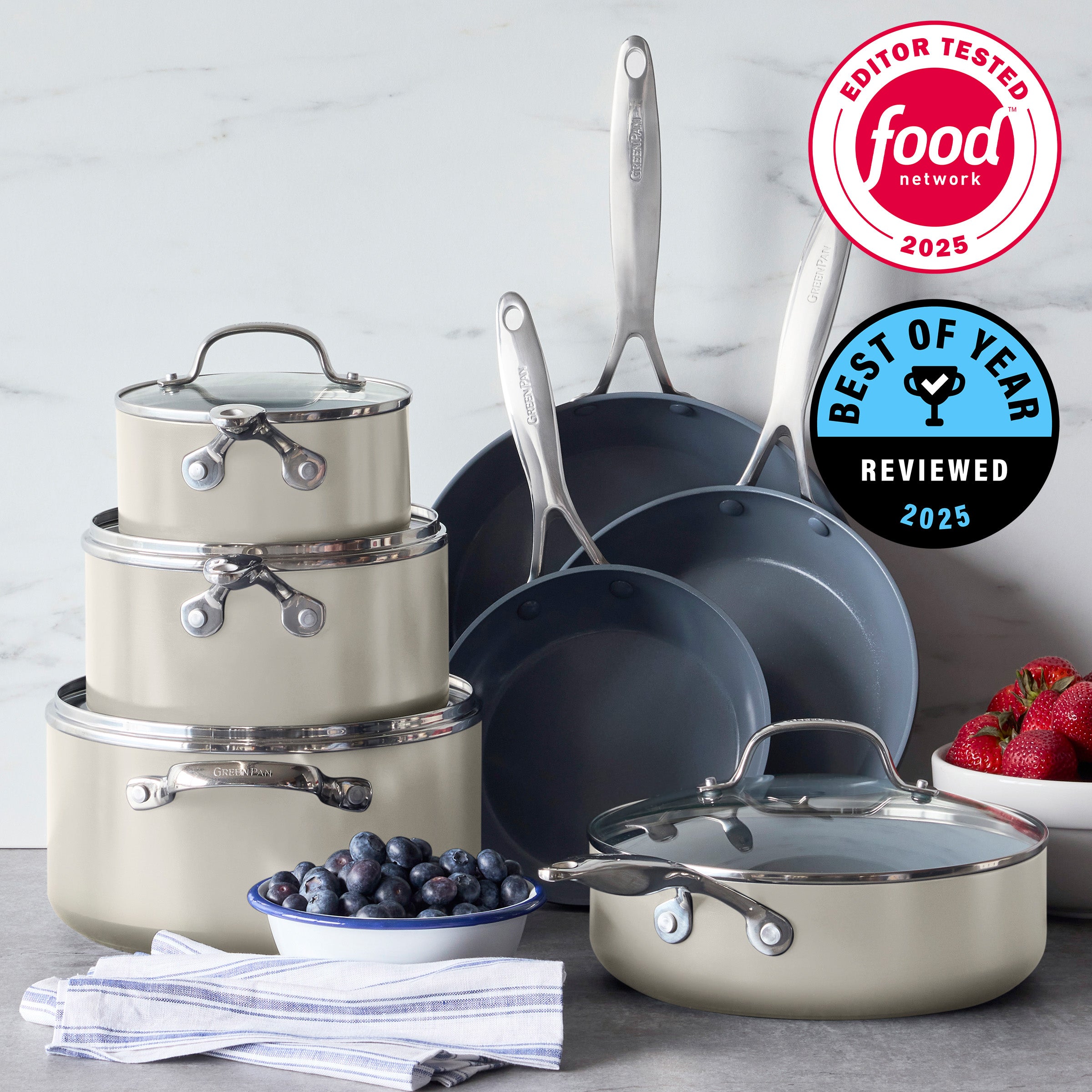 GreenPan Valencia Pro Ceramic Nonstick 11-Piece Cookware Set | Cream