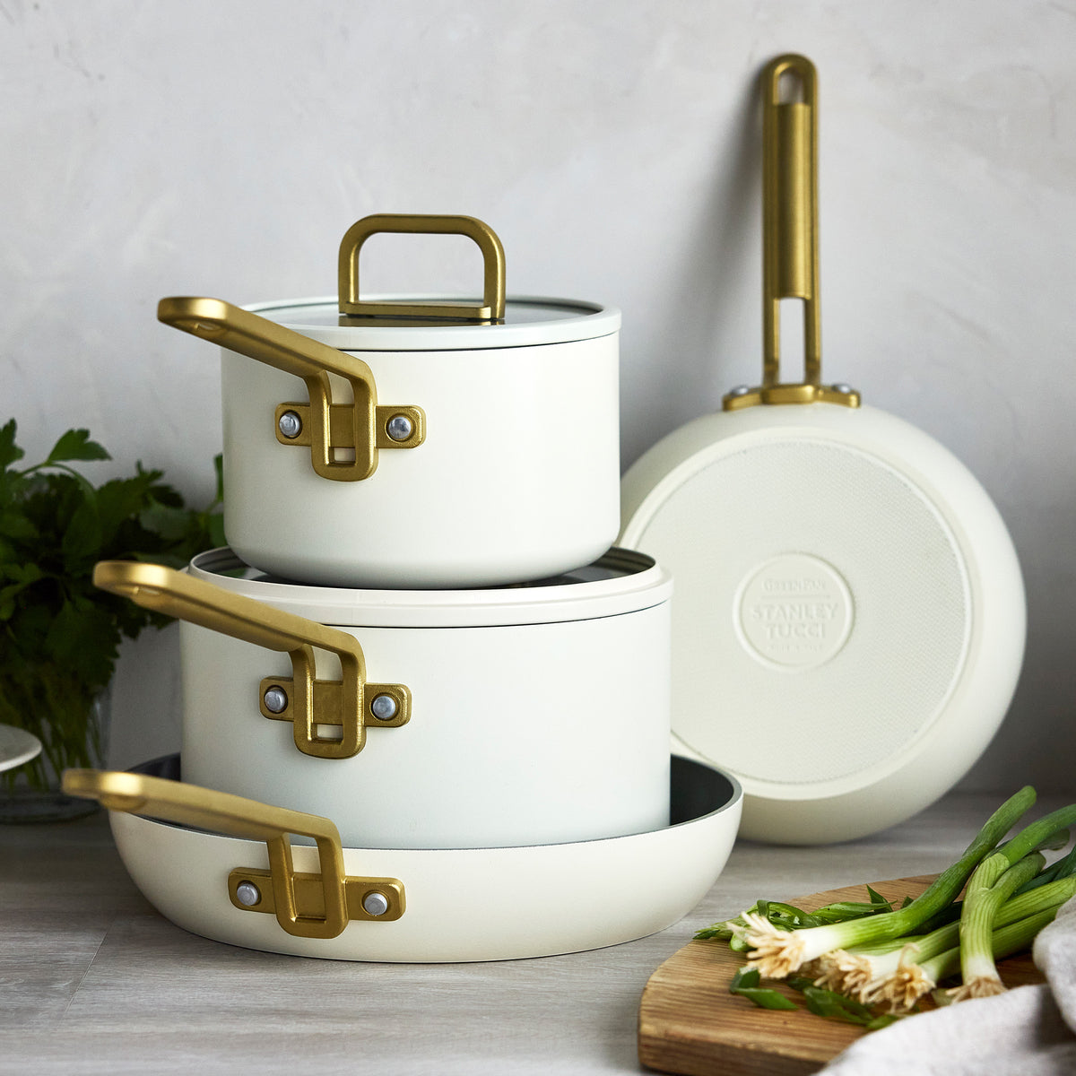 GreenPan Stanley Tucci™ Ceramic Nonstick 6-Piece Cookware Set, 8" & 10" Frypans, 2.5-qt & 3-qt Saucepans, 4-qt Sauté Pan, Carrara White