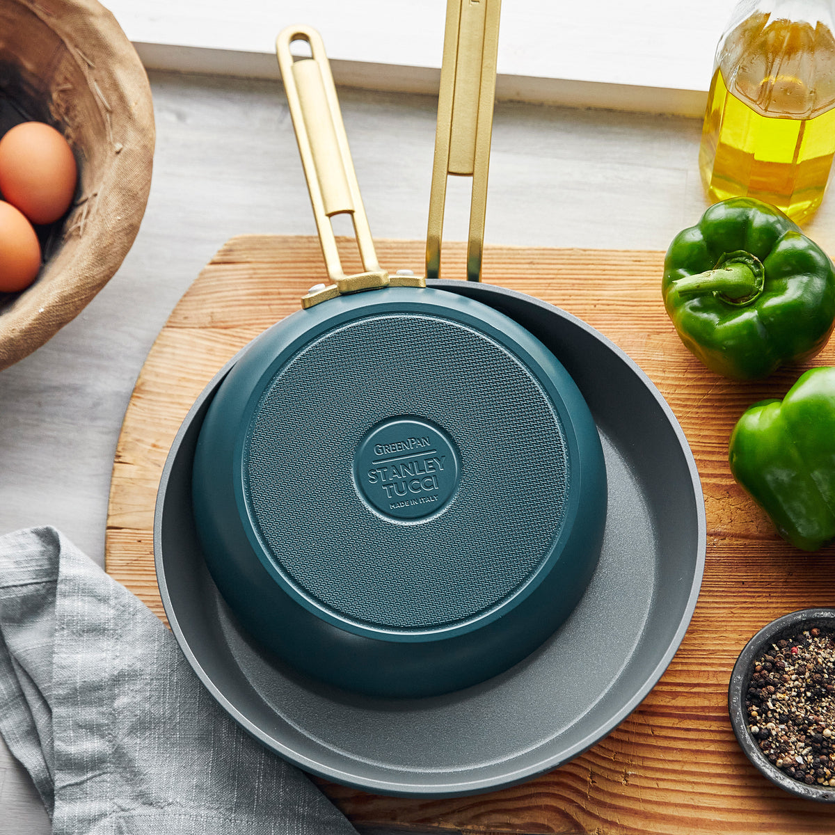 GreenPan Stanley Tucci™ Ceramic Nonstick 4-Piece Chef Set, 10" Frypan, 2.5-Qt Saucepan, 4-Qt Sauté Pan, Venetian Teal