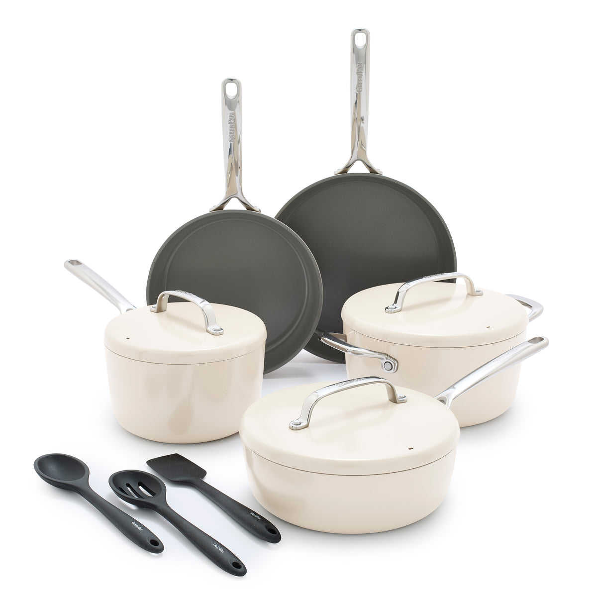 GreenPan GP5 Colors Ceramic Nonstick 11-Piece Cookware Set with Mirror Handles - Cloud Cream