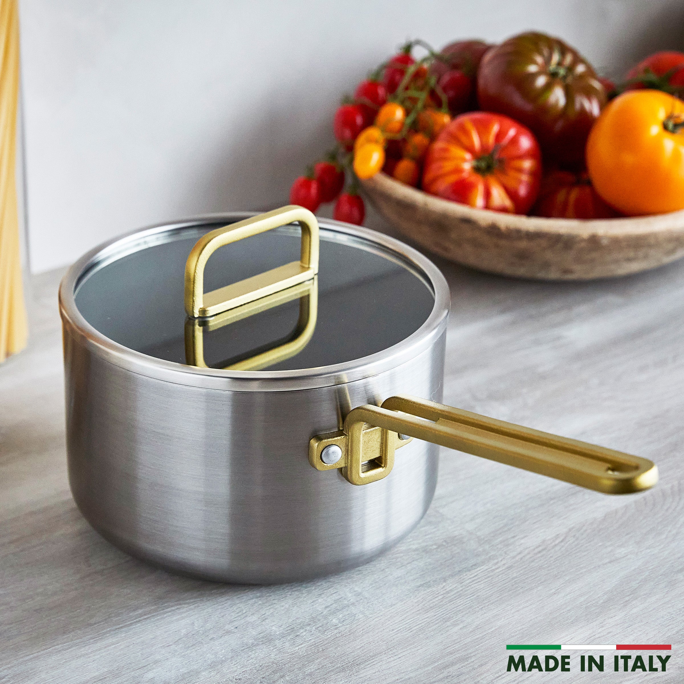 Stanley Tucci™ Stainless Steel Ceramic Nonstick 4-Quart Saucepan with Lid - Champagne Handles
