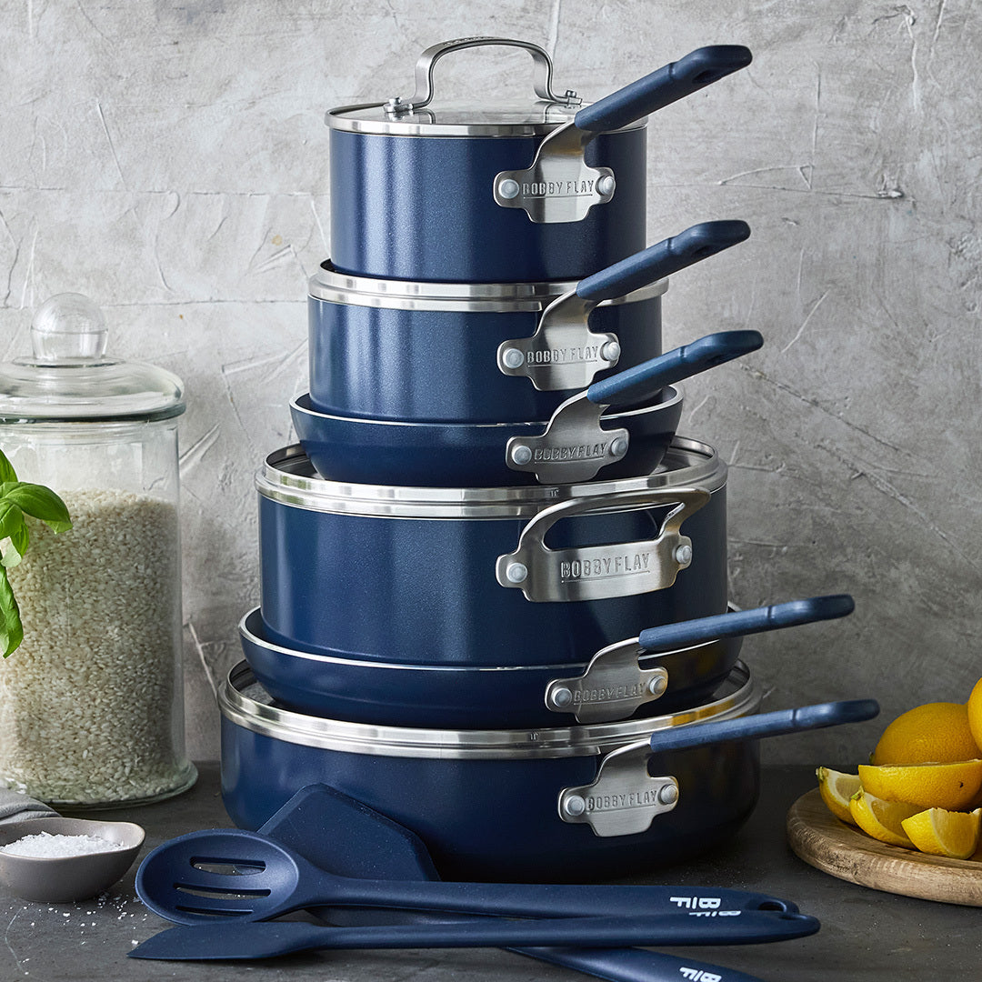 GreenPan Bobby Flay Ultimate Cookware Set with Bobby at Home Cookbook – Oxford Blue