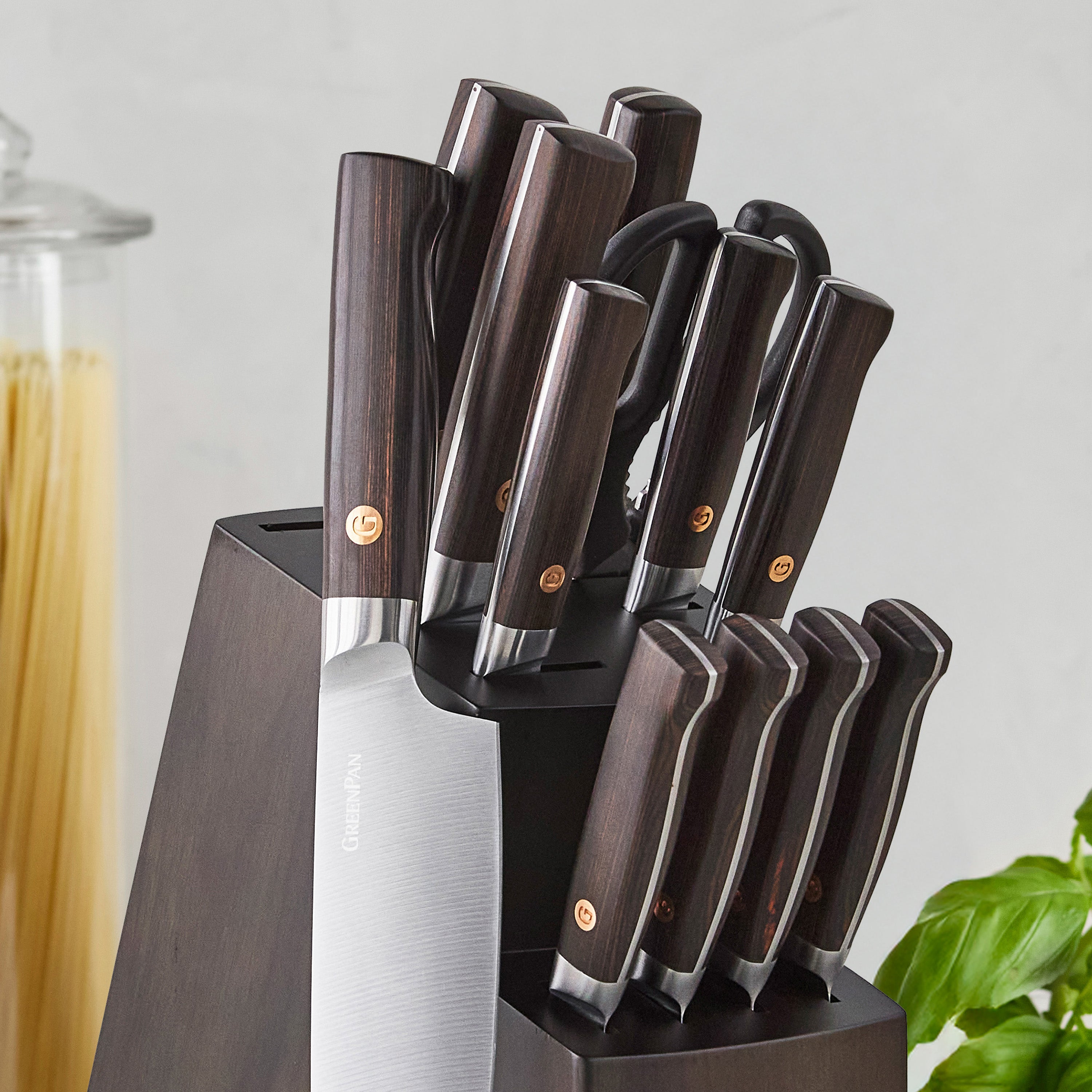 GreenPan Elite Cutlery 13-Piece Knife Block Set with Dark-Wood Handles