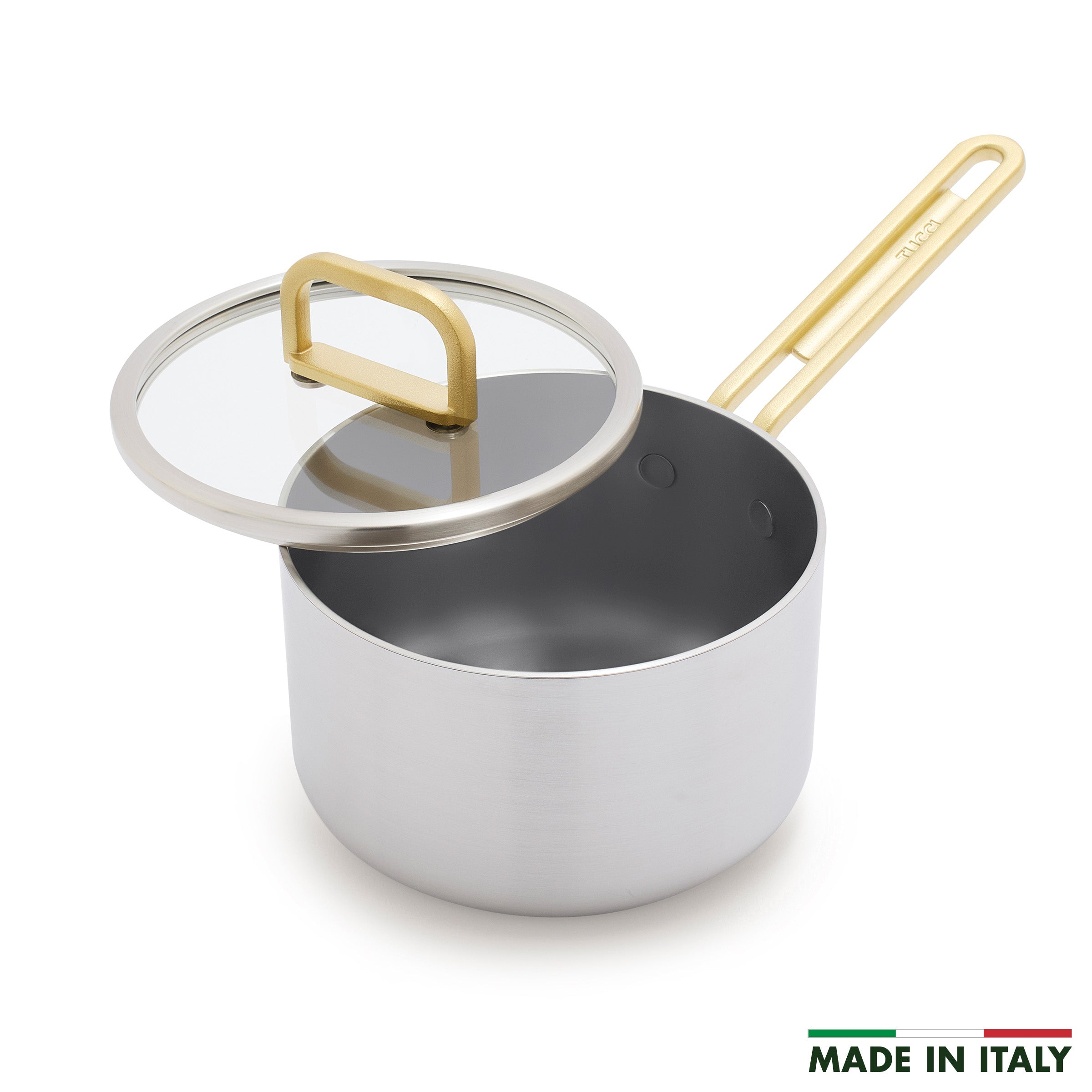 Stanley Tucci™ Stainless Steel Ceramic Nonstick 2-Quart Saucepan with Lid - Champagne Handles