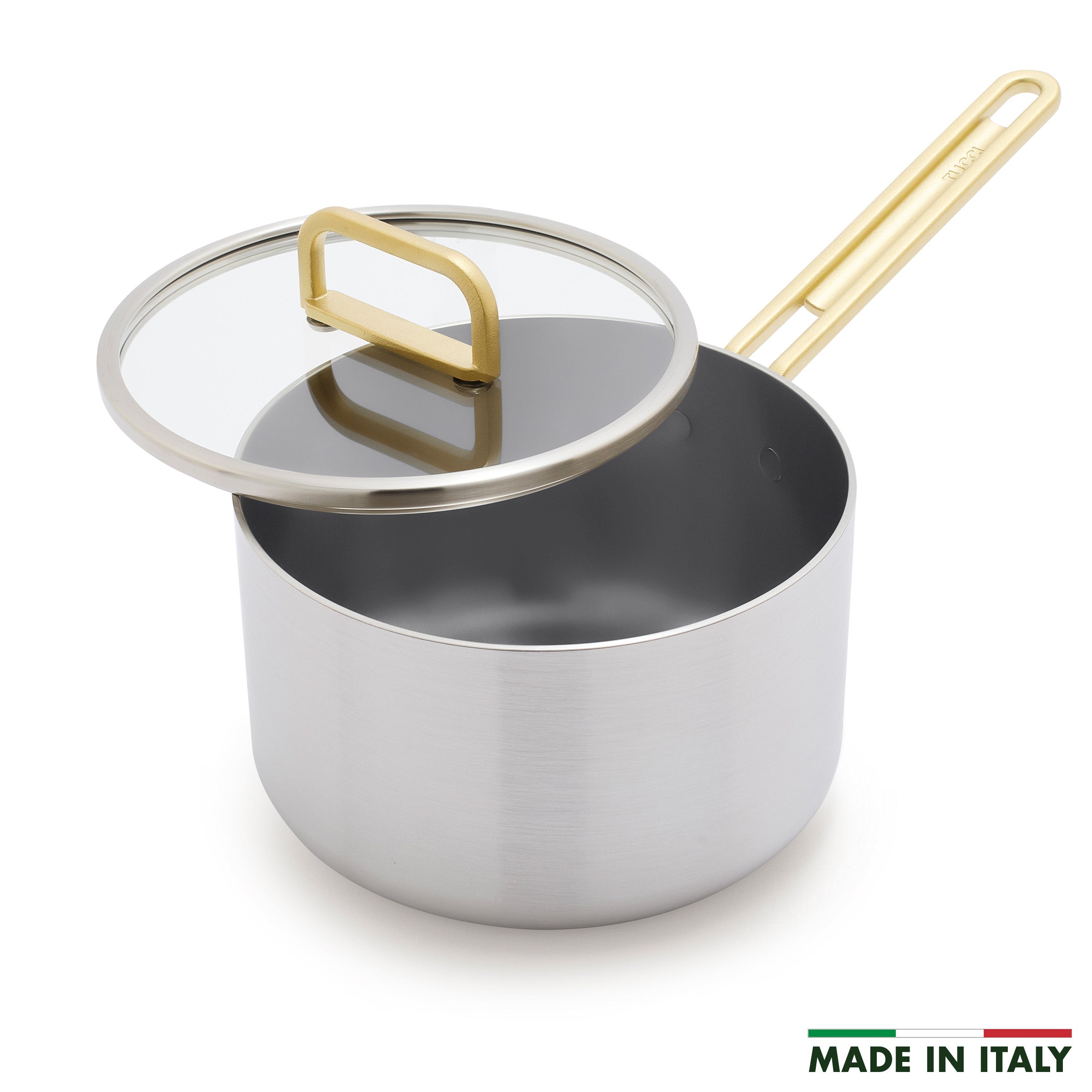 Stanley Tucci™ Stainless Steel Ceramic Nonstick 4-Quart Saucepan with Lid - Champagne Handles