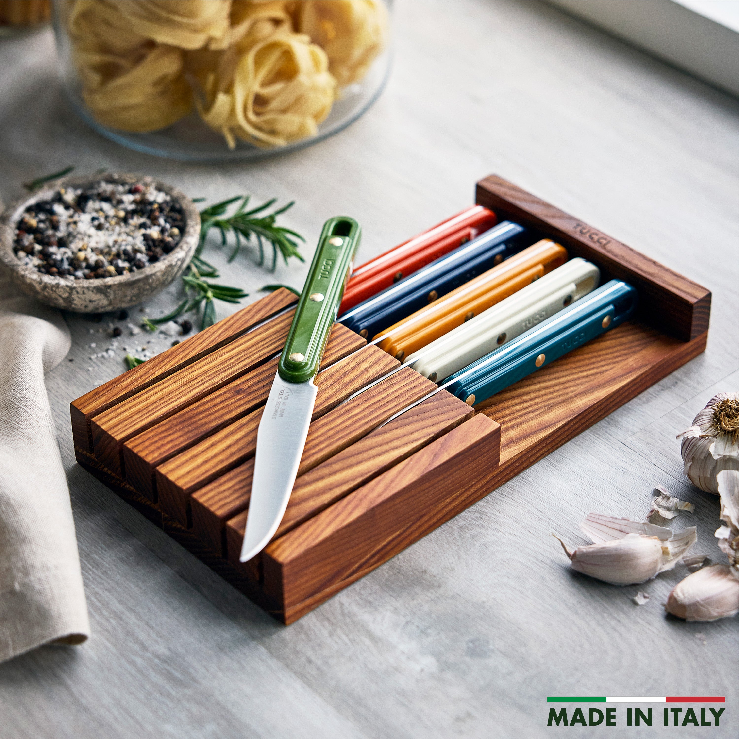 Stanley Tucci 6-Piece Steak Knife Set with Wood Tray – Multicolor
