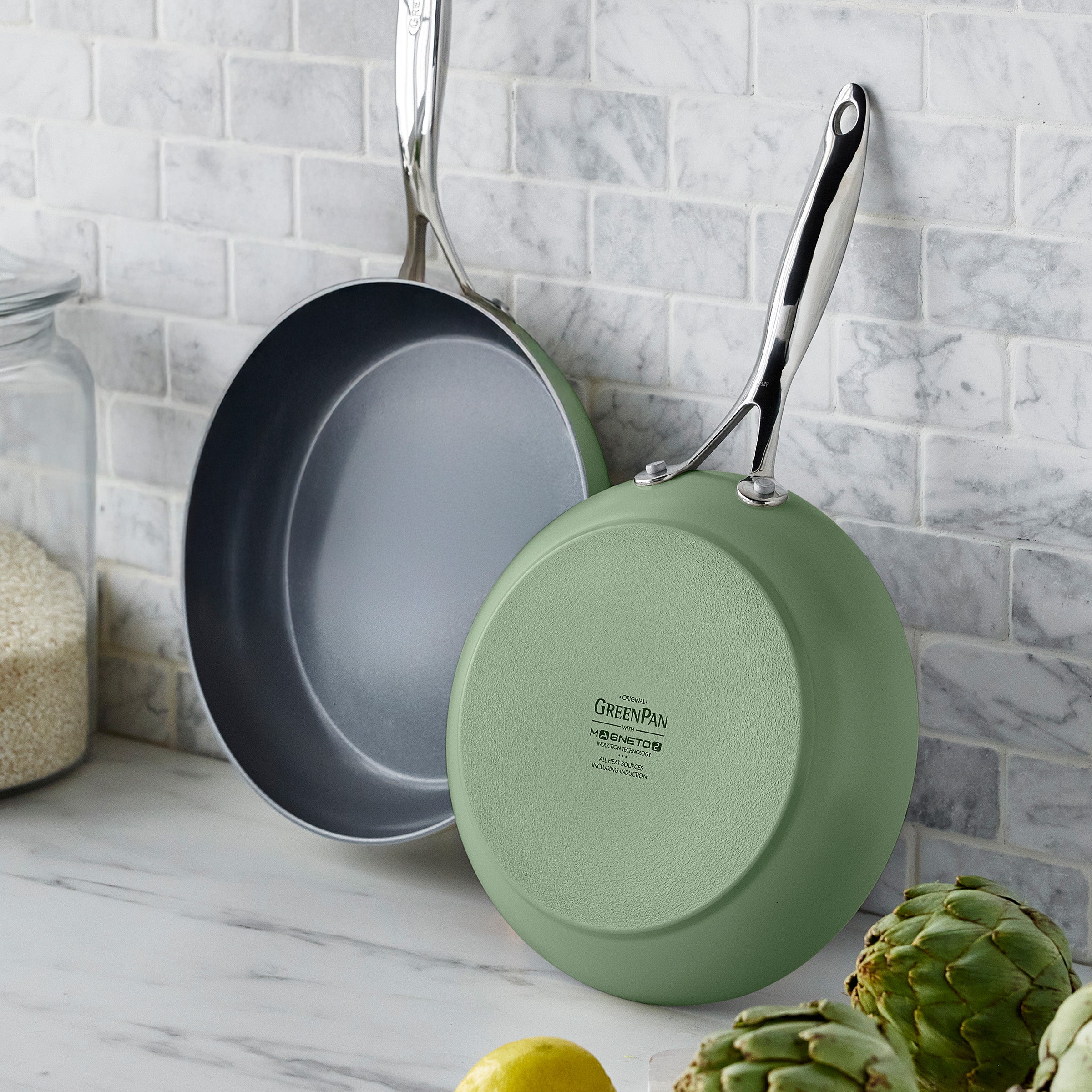 GreenPan Valencia Pro Ceramic Nonstick 9.5" and 11" Frypan Set, Sage