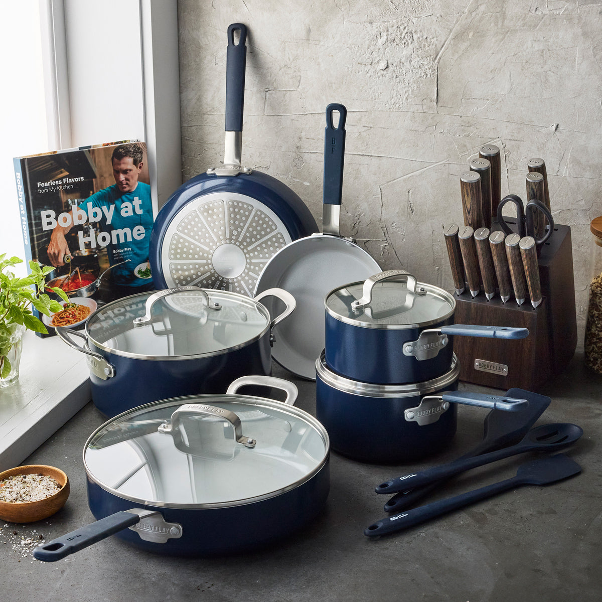 GreenPan Bobby Flay Ultimate Cookware Set with Bobby at Home Cookbook – Oxford Blue